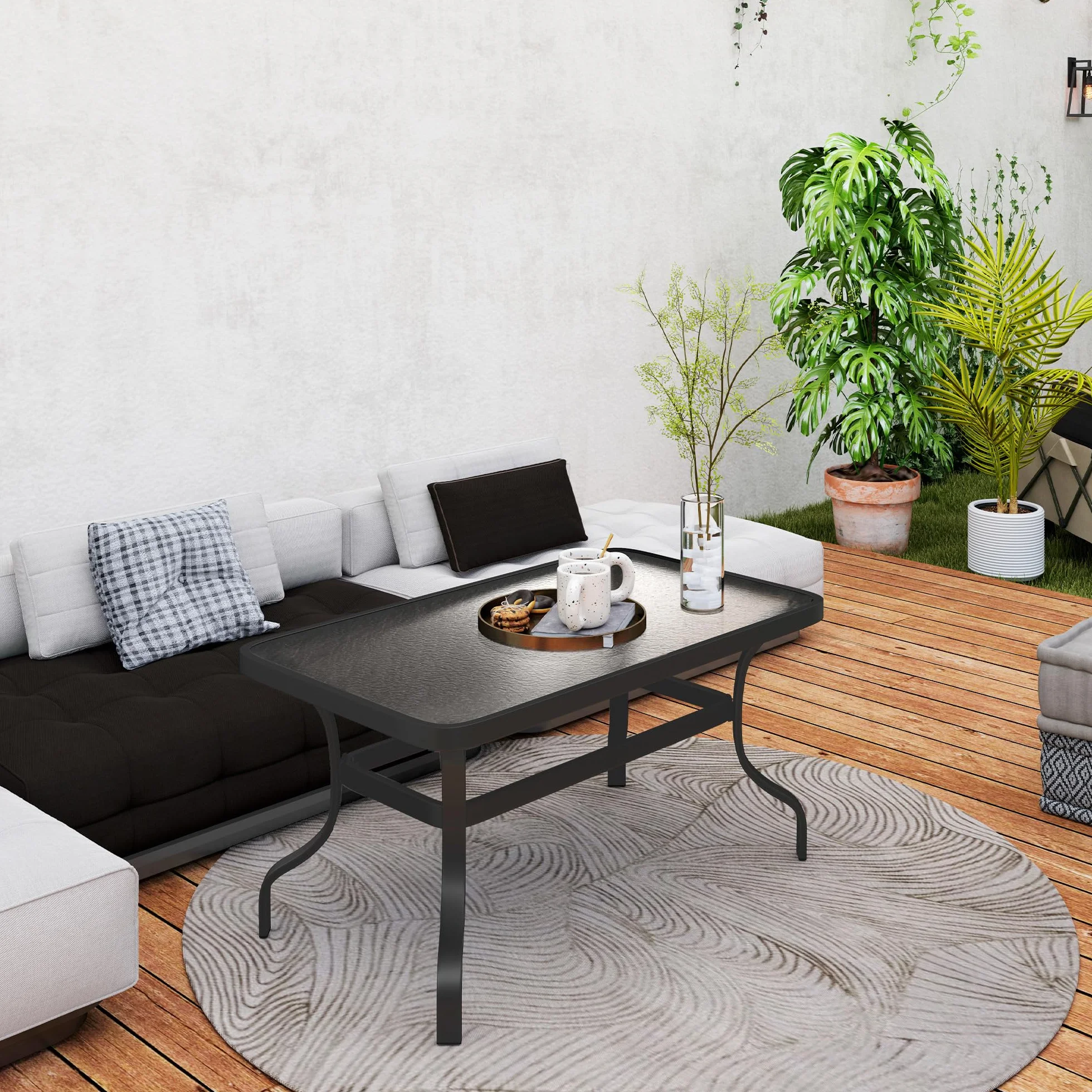 Outsunny Tavolino da Caffè per Esterno Rettangolare con Piano in Vetro Temperato, Tavolino da Giardino in Metallo, 95x55x46 cm, Nero