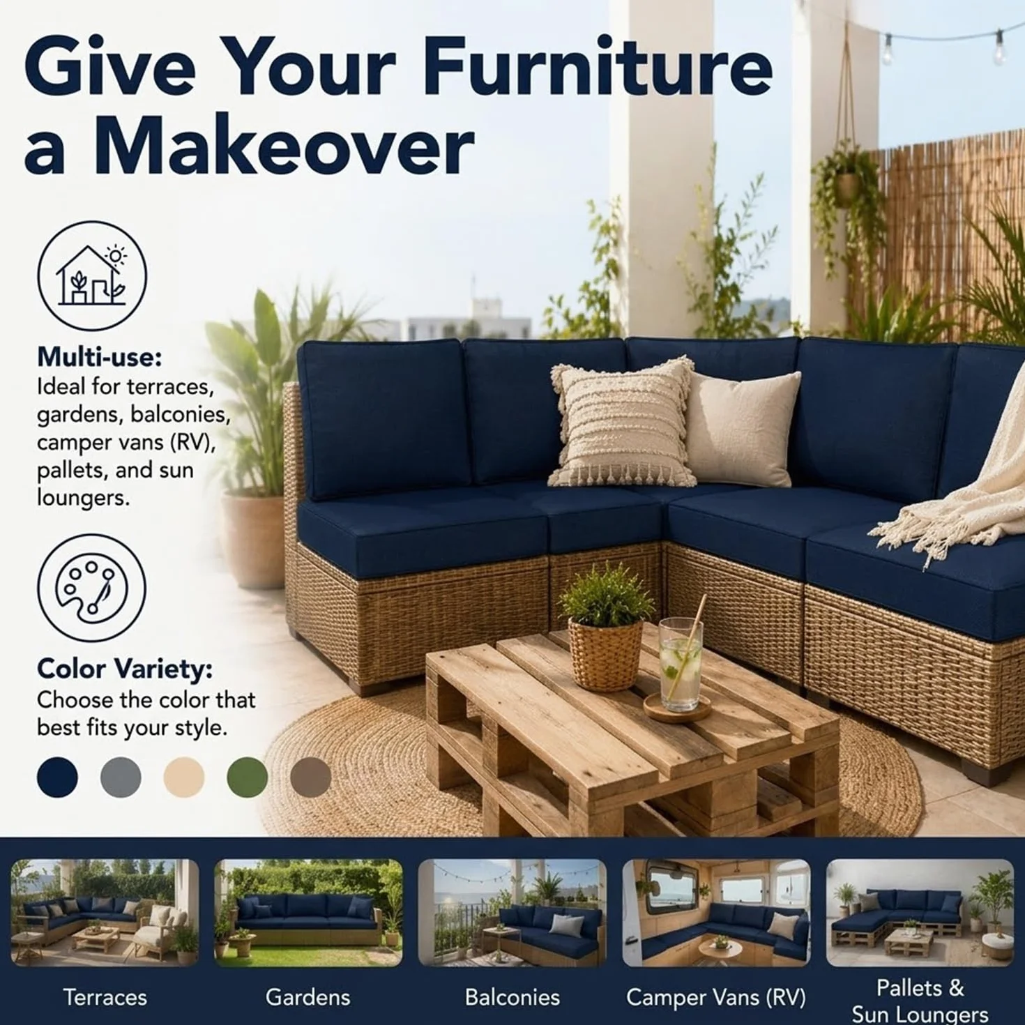 Fodera per Cuscino da Esterno per Mobili da Giardino 45×45 50×50 55×55 60×60, Copricuscino Idrorepellente in Tessuto Oxford per Divano in Pallet e Rattan(Bianco,55x55x10 cm)