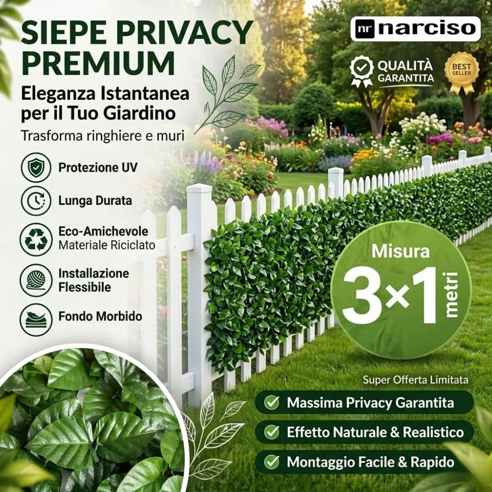 NARCISO Siepe Artificiale da Esterno 1x3 Metri, Siepe Finta per Recinzione Giardino Esterno, Edera in PVC Perfetta per Garantire Privacy Copri Ringhiera Balcone e Frangivista Giardino (Pack da 1)