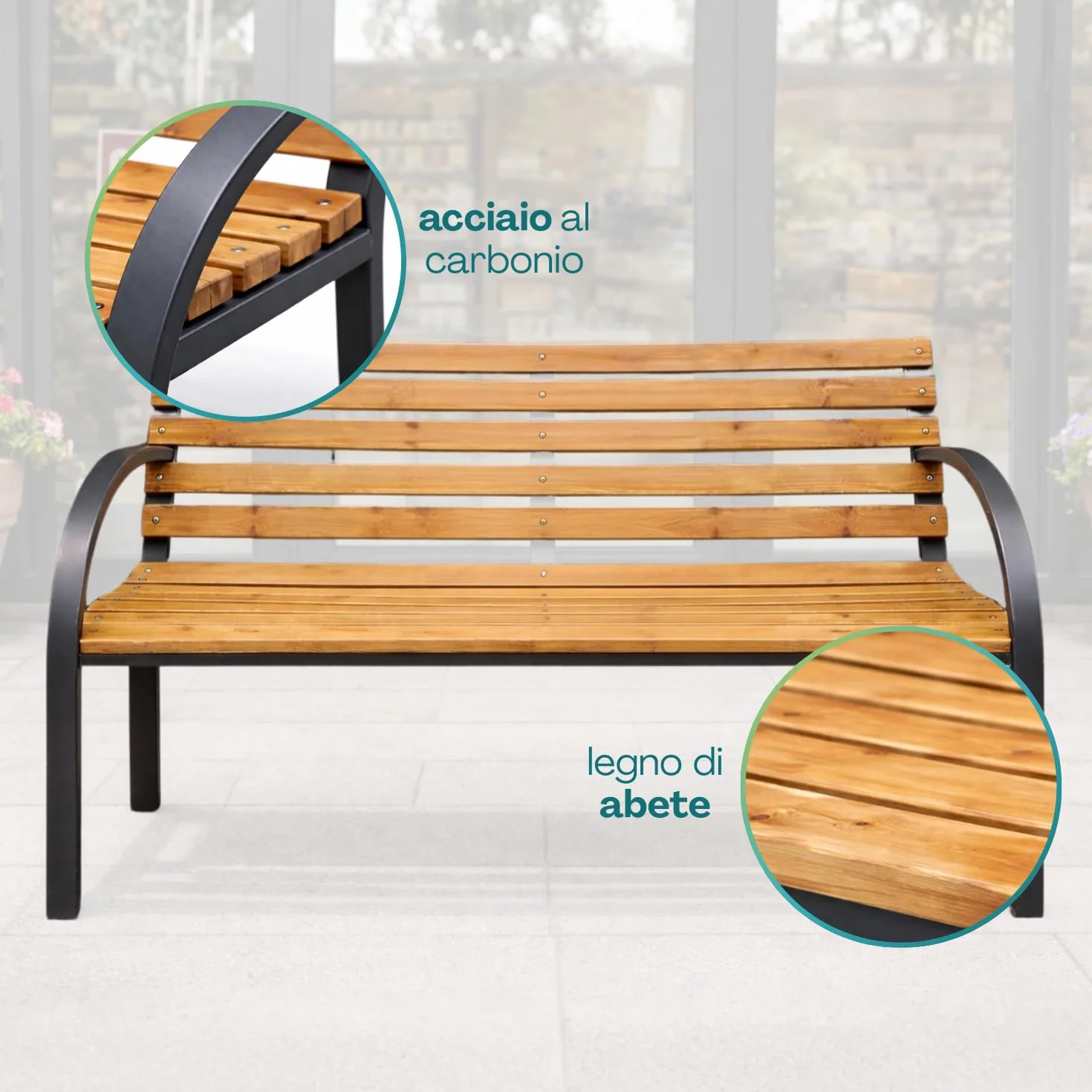 PALUPLUS Panchina da Giardino in Legno di Abete, Misura 120x53x84 cm, Panca da esterno a 2 posti con struttura e braccioli in acciaio e 12 doghe, Portata Massima 200 kg -9451C -11,5