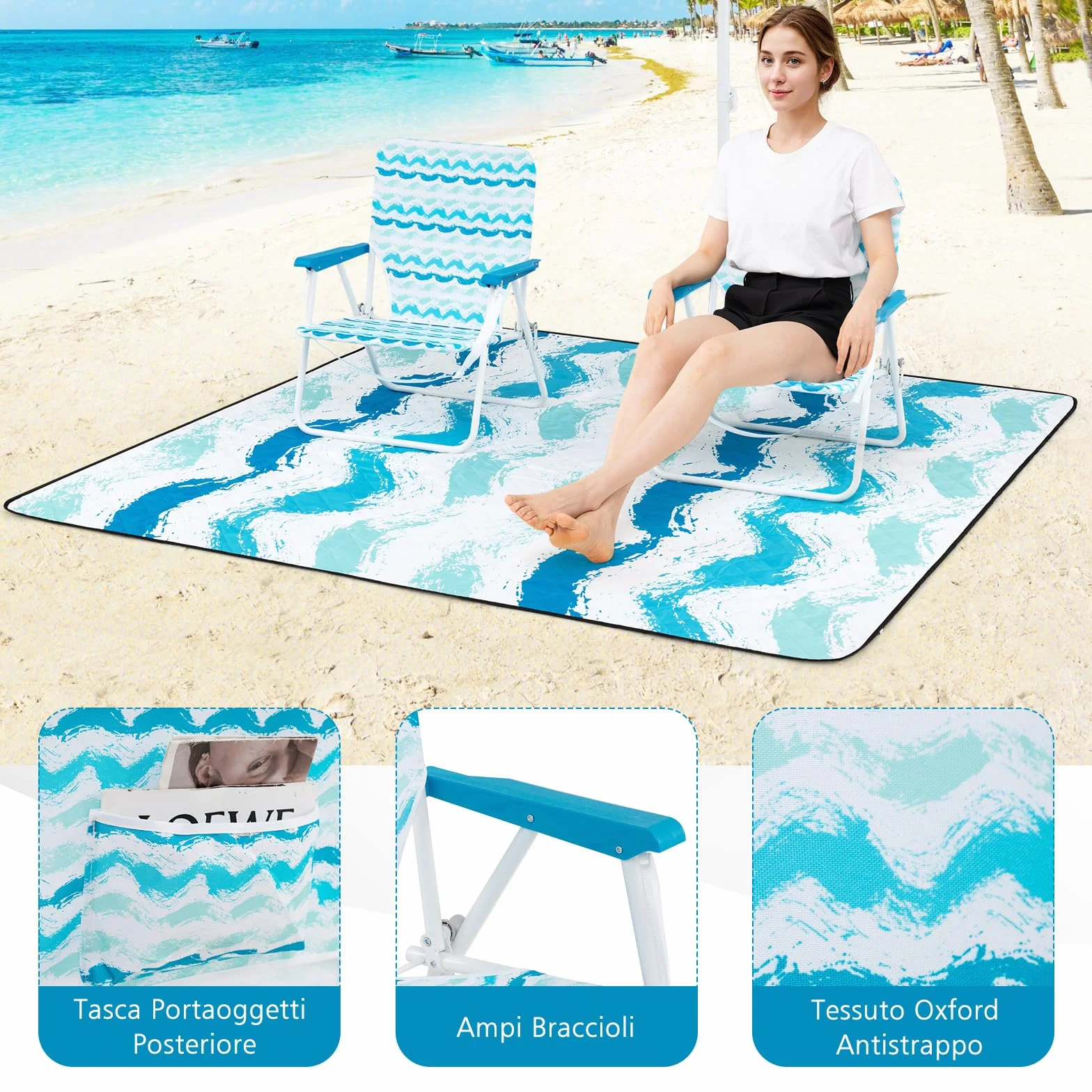 COSTWAY Set da Spiaggia di 4 Pezzi con Ombrellone, 2 Sedie Pieghevoli, Coperta da Picnic, Parasole Portatile per Esterni con Meccanismo di Inclinazione, Portabicchieri, Braccioli