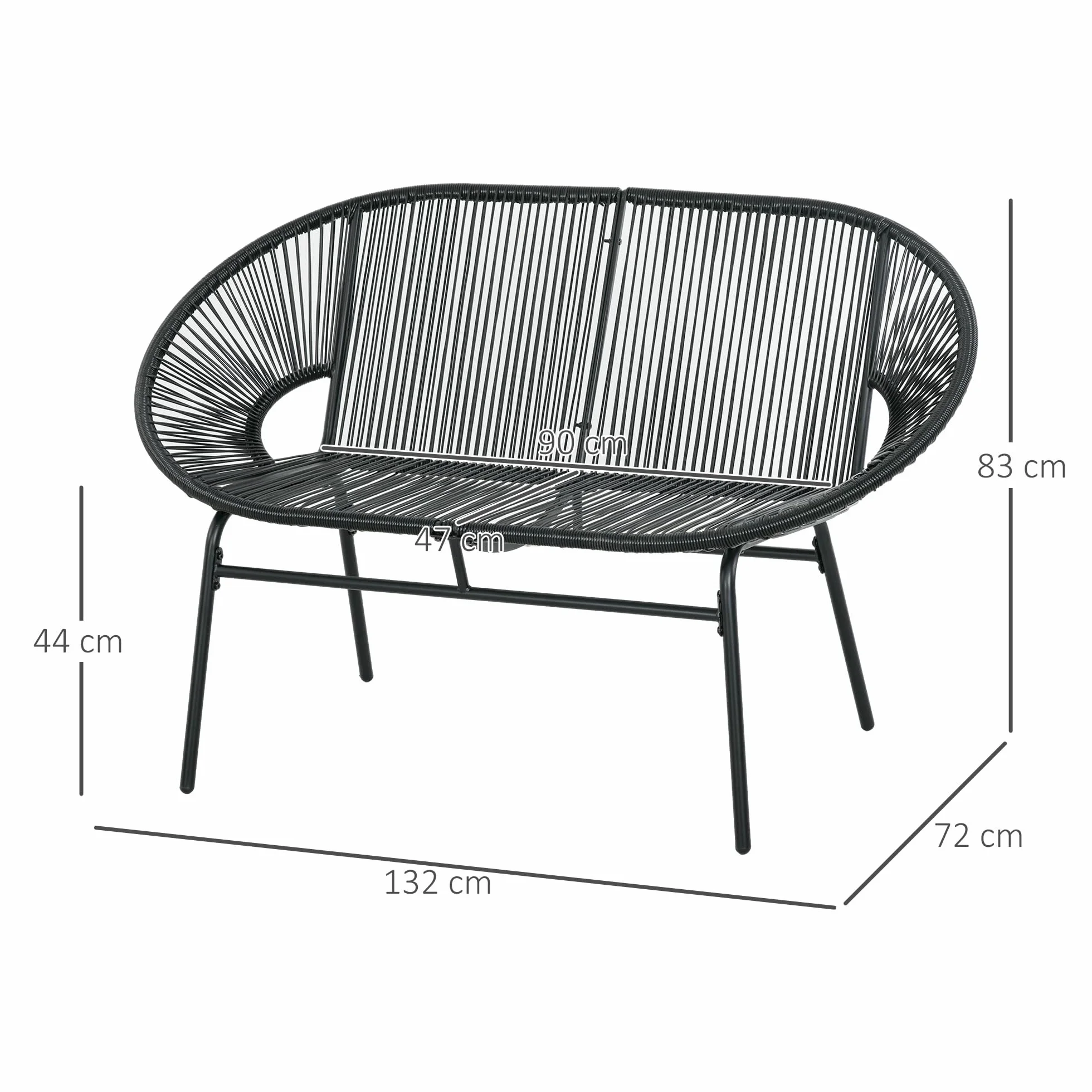 Outsunny Divano da Giardino 2 Posti in Rattan PE, Divanetto da Esterno con Cuscini, Braccioli e Telaio in Acciaio, Panchina da Esterno, per Terrazza e Cortile, 132x72x83 cm, Nero
