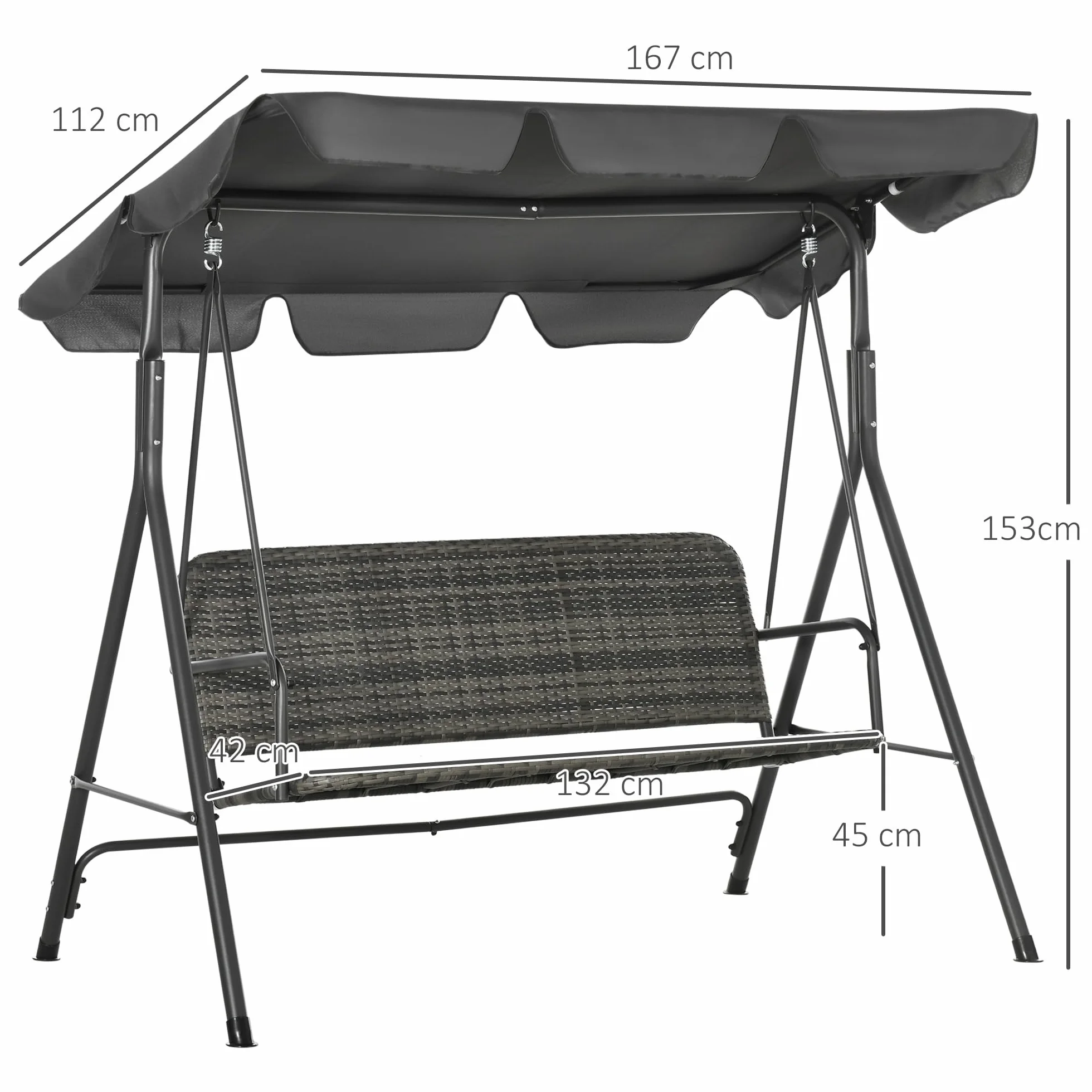 Outsunny Dondolo da Giardino 3 Posti con Tettuccio Parasole Regolabile, Dondolo da Esterno con Seduta Traspirante in Rattan PE e Acciaio, Portata fino a 240 kg, 167x112x153 cm, Grigio Scuro
