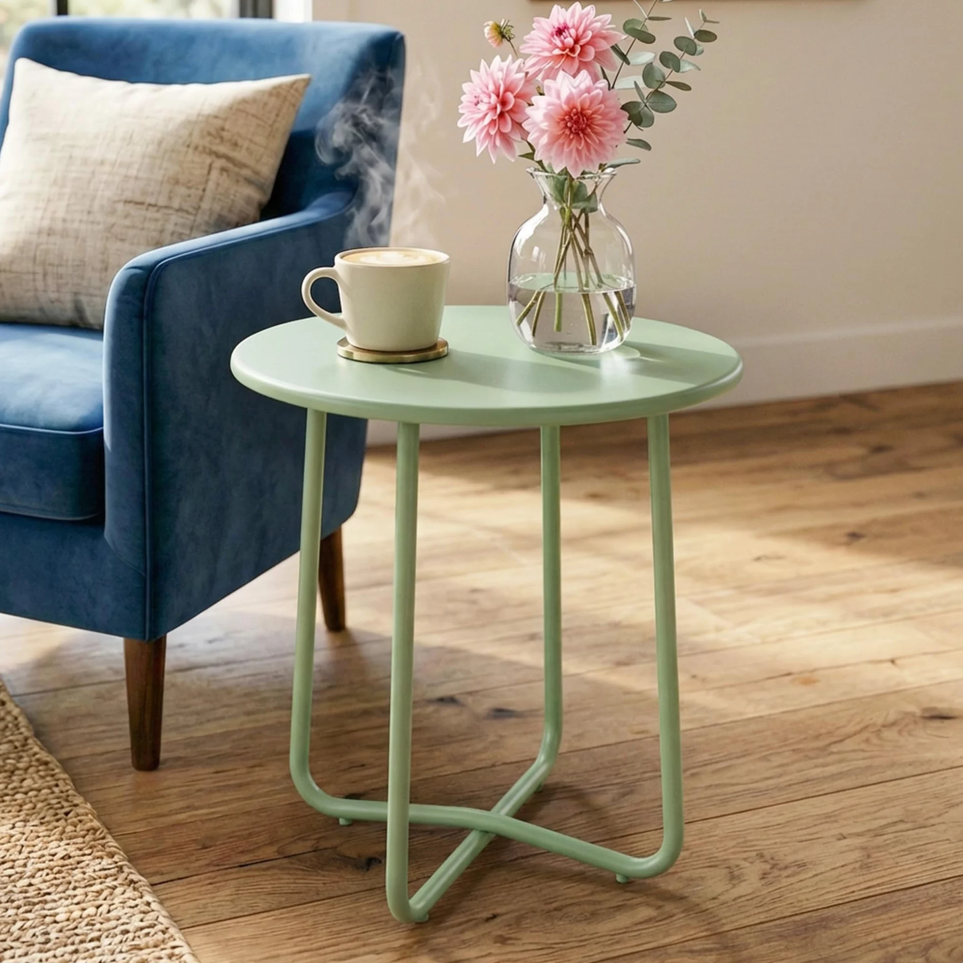 Outsunny Tavolino da esterno con bordo arrotolato, tavolo da giardino rotondo con base a X con gambe regolabili in altezza, per interni soggiorno, terrazza, balcone, metallo, Ø 48 x 51 cm, verde