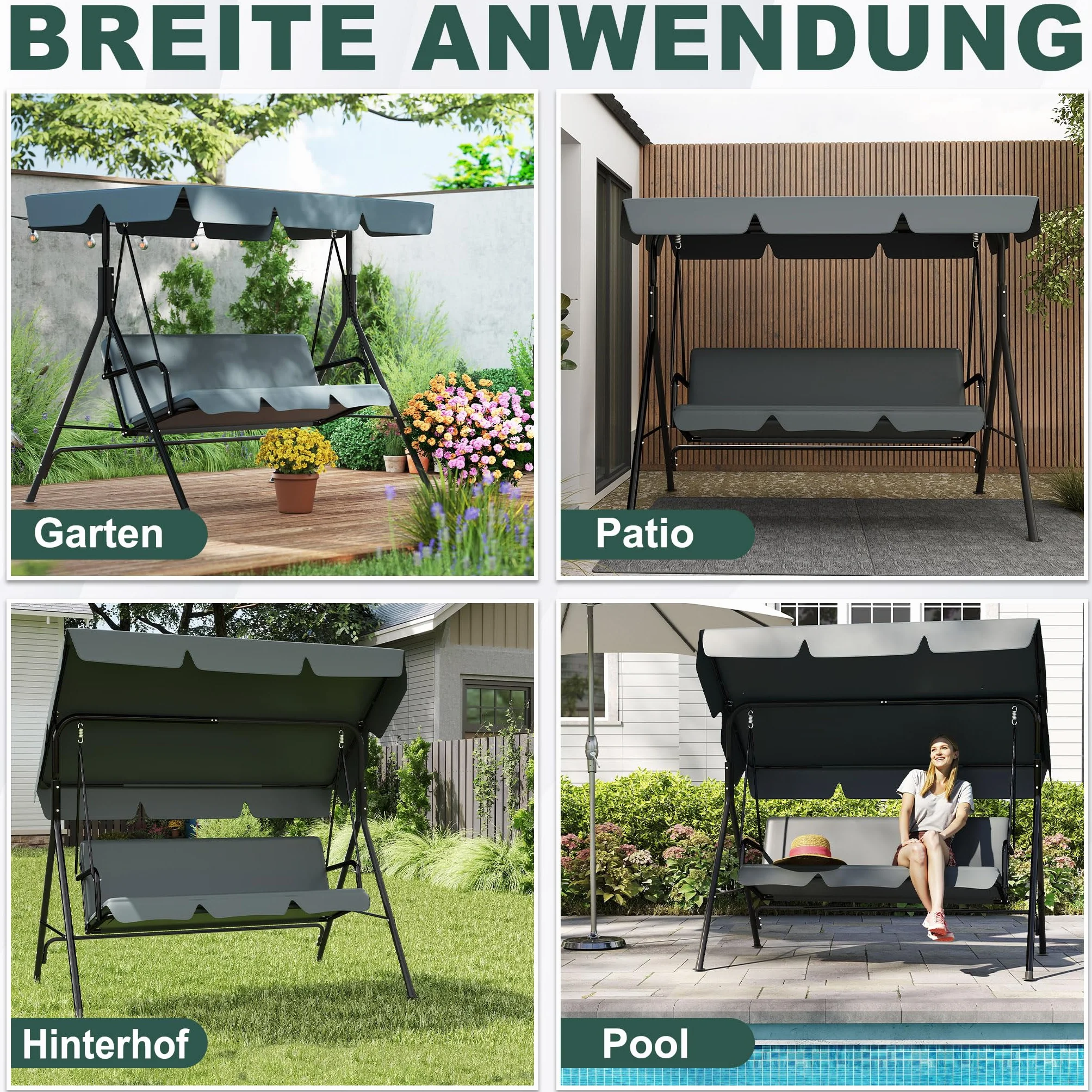 UISEBRT Dondolo Hollywood a 3 posti, con tettuccio parasole regolabile, portata fino a 200 kg, resistente alle intemperie, per esterni e interni, 176 x 110 x 152 cm, antracite