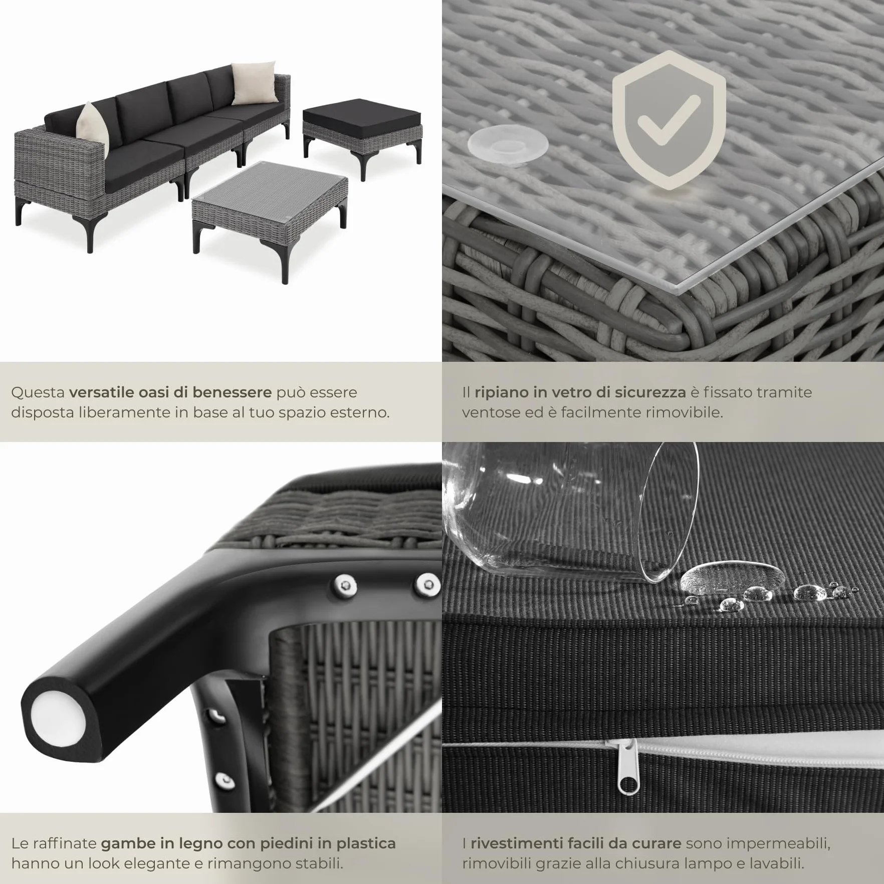 tectake® Salottino in Rattan Konstanza, Telaio in Alluminio, Resistente ai Raggi UV, Comode Poltrone, Imbottitura Spessa, Rivestimenti Idrorepellenti, Tavolino Salotto con Lastra in Vetro - Grigio