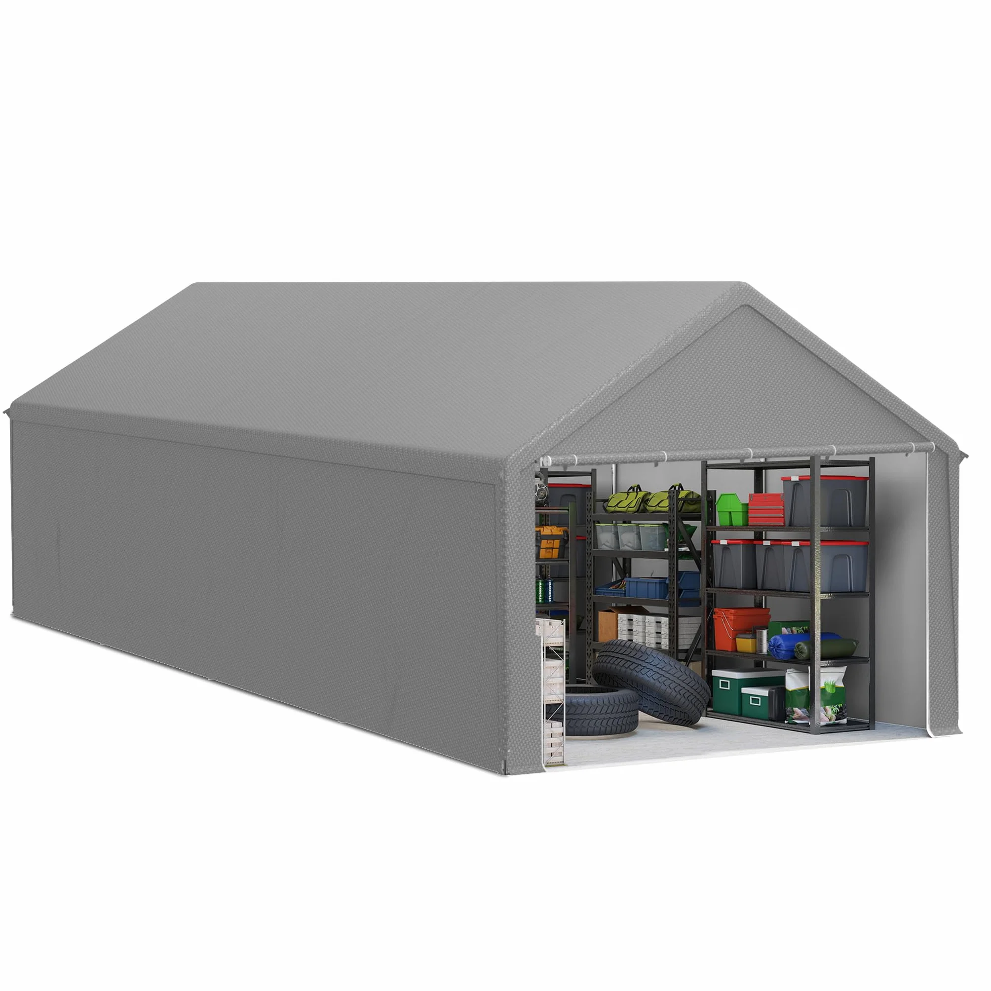 LZQ Tenda da magazzino, 4 x 8 m, tenda per attrezzature, casetta degli attrezzi e garage con robusto telo in polietilene, resistente alle intemperie, con rinforzo sul tetto e telaio per attrezzi