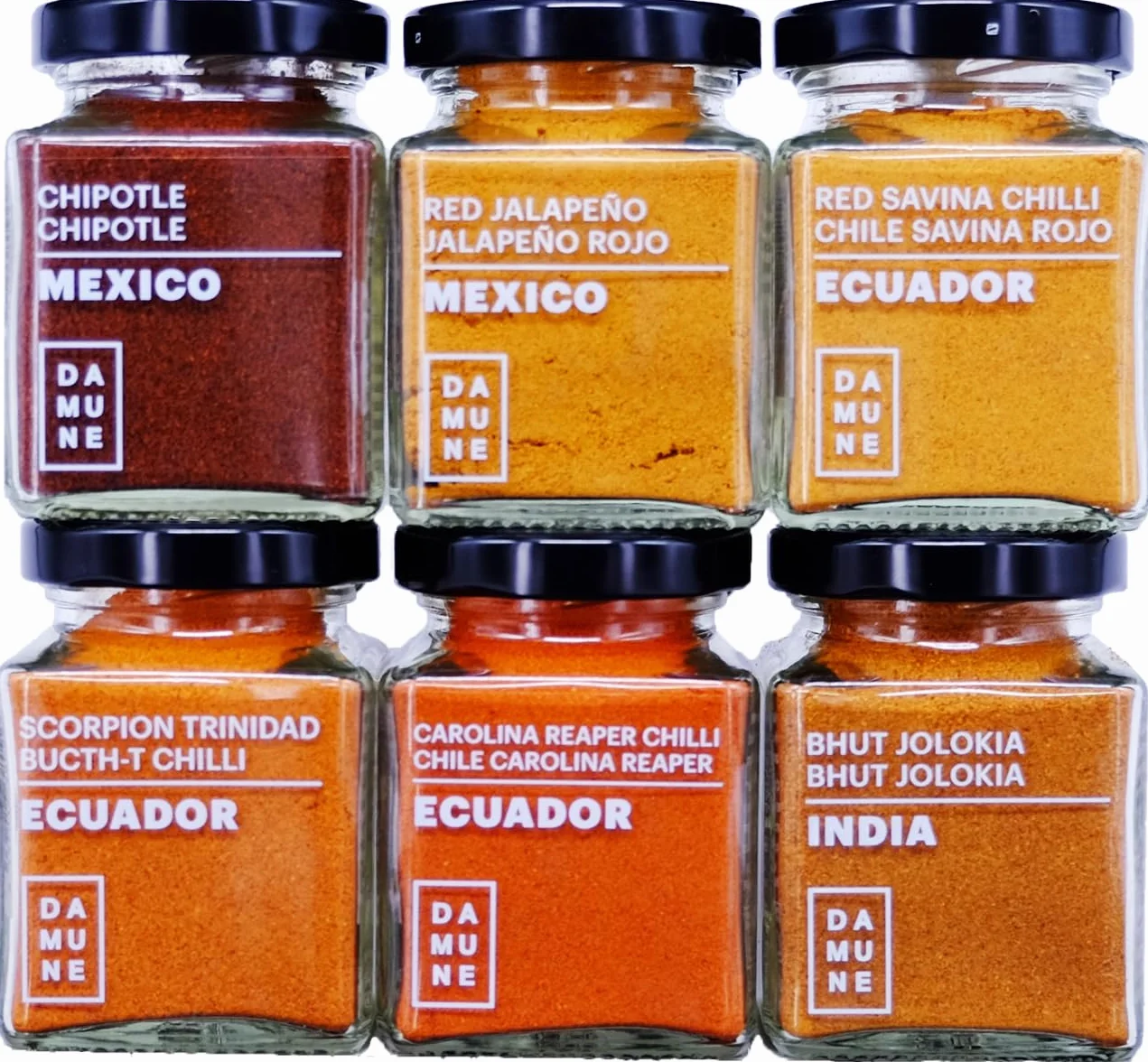 DAMUNE Peperoncini del Mondo Polvere: Carolina Reaper, Bhut Jolokia & Scorpion Trinidad Butch T, Habanero Red Savina, Chipotle, Jalapeño Red (45 gr per barattolo)
