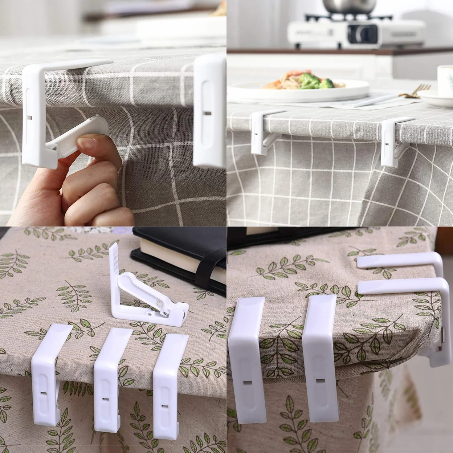 4 mollette per tovaglia, clip in plastica bianca, morsetto alto regolabile, spessore tavolo max circa 4,5 cm, fermaglio per tovaglia per giardino, picnic, feste, cucina e ristorante. 5,8 x 5,8 x 1,5