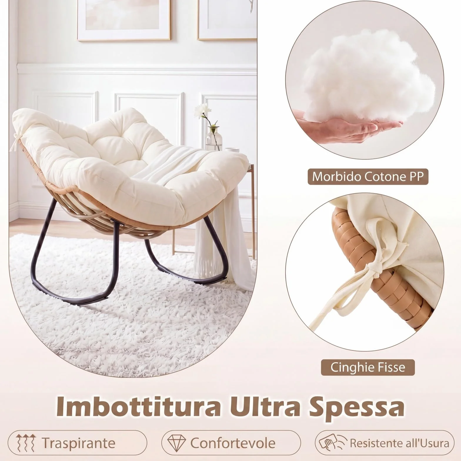 COSTWAY Sedia a Dondolo da Esterno, Poltrona in PE Vimini con Cuscino Rimovibile, Poltrona Relax in Rattan con Struttura in Metallo, per Soggiorno, Balcone, Giardino, Portata 140 kg (Beige)
