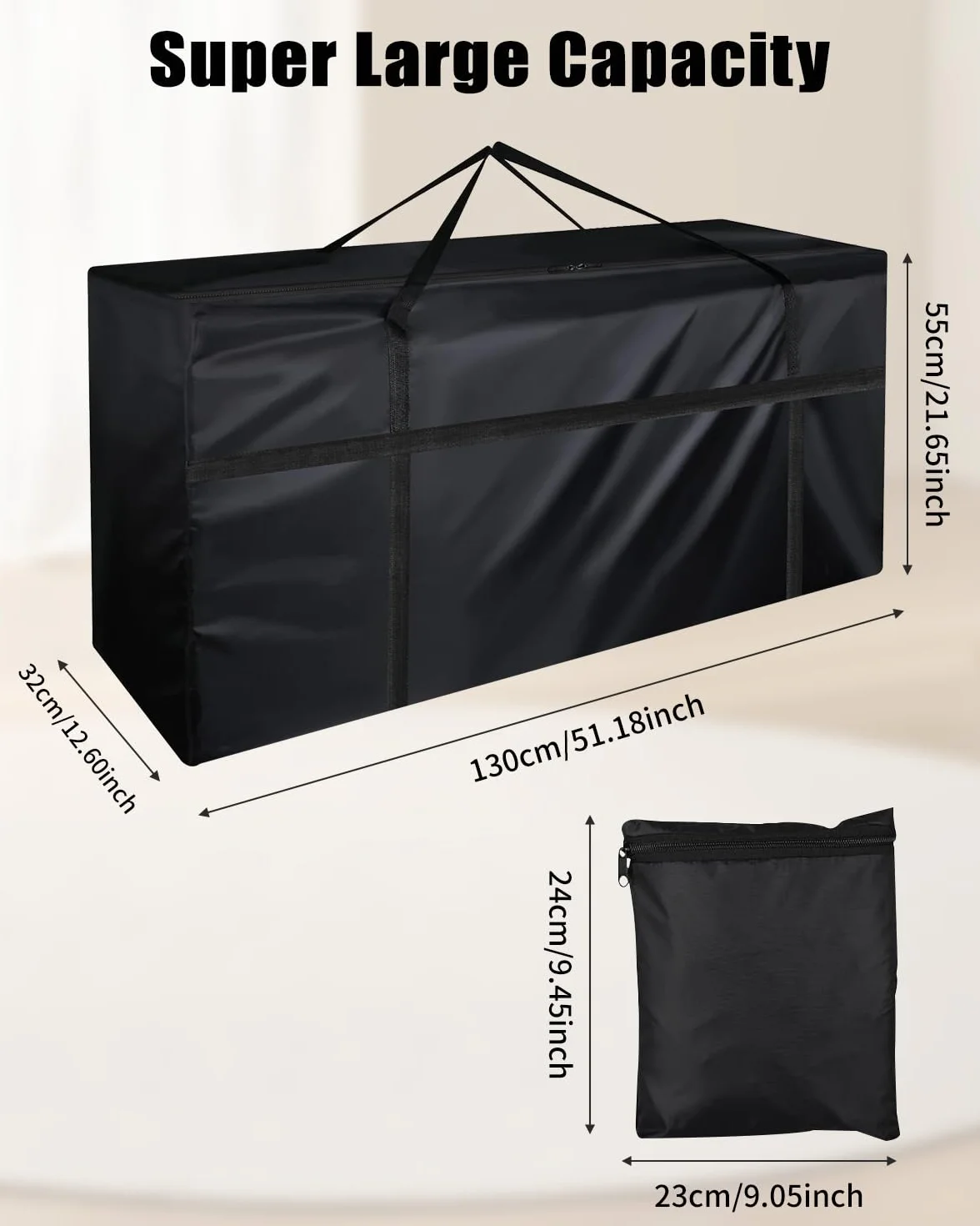 Custodia protettiva per cuscini da giardino, impermeabile, resistente ai raggi UV, resistente agli strappi, in tessuto Oxford (nero, 130 x 32 x 55 cm)