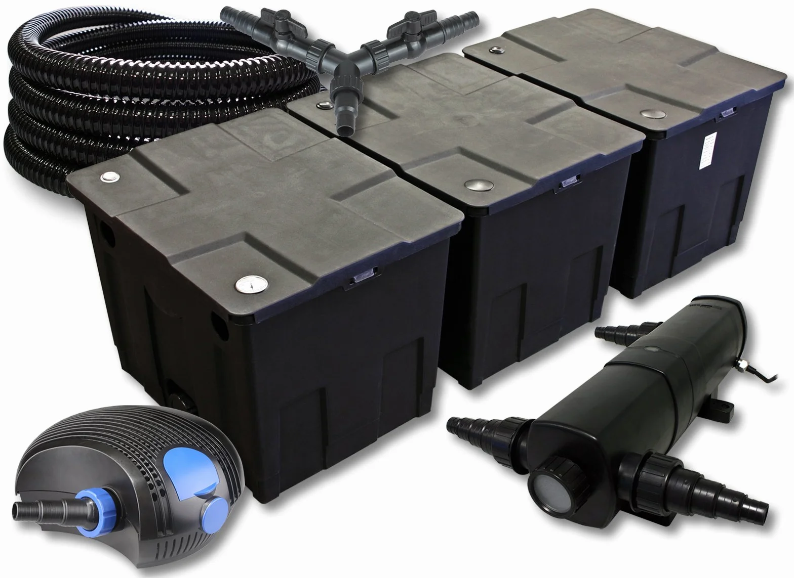 Set filtro SunSun per laghetto da 90000l Chiarificatore 18W Pompa ECO 100W Tubo 25m