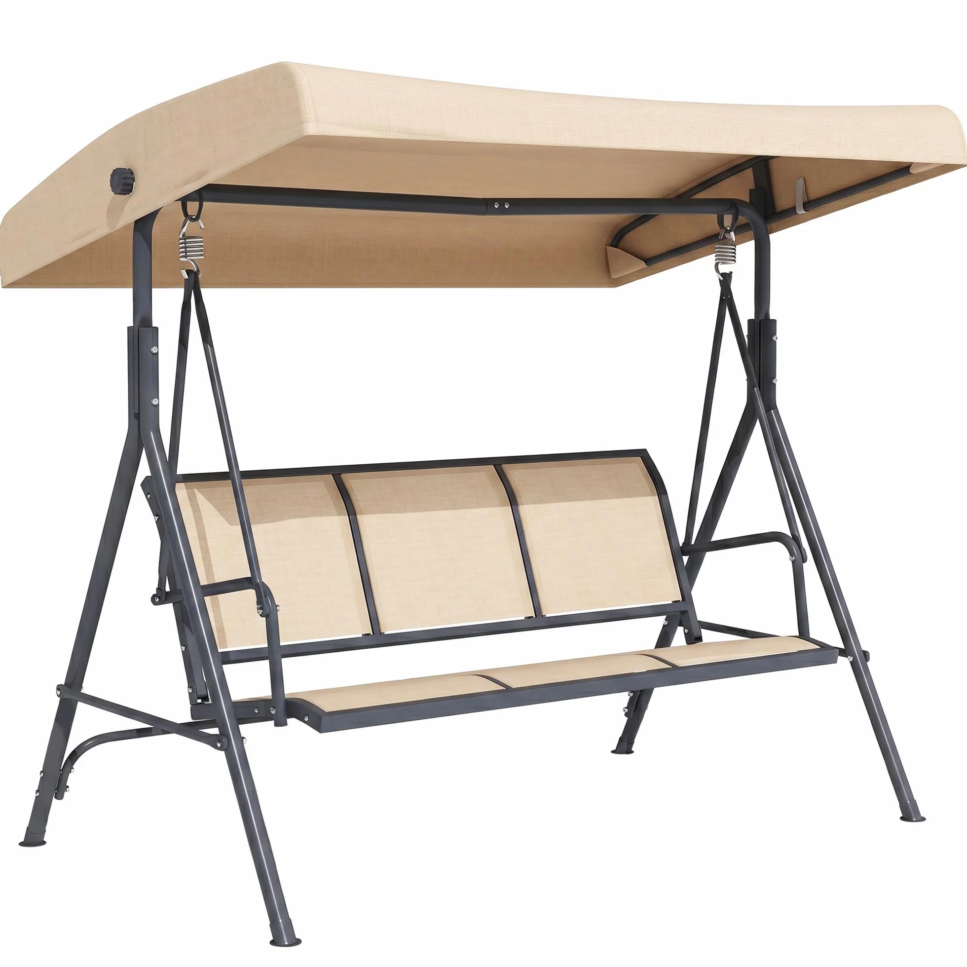 Outsunny Dondolo da Giardino 3 Posti con Tettuccio Parasole Regolabile, Dondolo da Esterno con Seduta Traspirante in Poliestere e Telaio in Acciaio, Portata 200 kg, Anti UV, 175x118x159 cm, Beige
