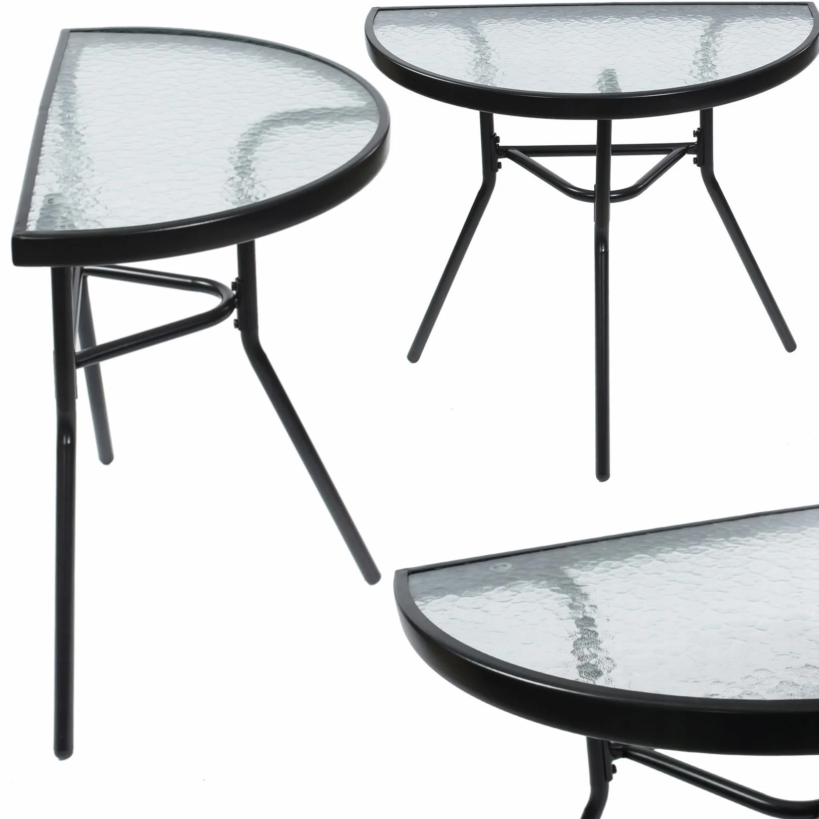 JUMI Pratico tavolo da giardino 70 x 64 x 40 cm - Tavolo da balcone semicircolare per balcone, terrazza, giardino, campeggio, tavolo compatto con piano in vetro, telaio in metallo, colore nero