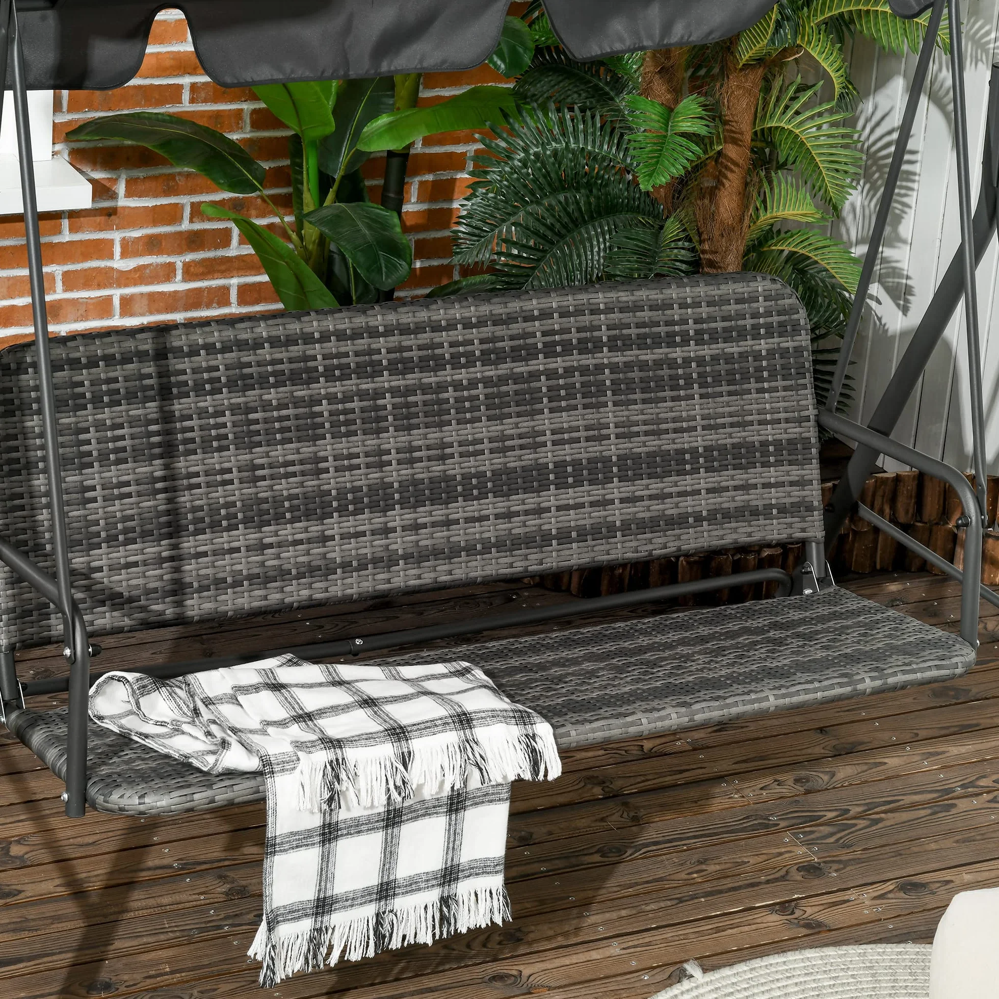 Outsunny Dondolo da Giardino 3 Posti con Tettuccio Parasole Regolabile, Dondolo da Esterno con Seduta Traspirante in Rattan PE e Acciaio, Portata fino a 240 kg, 167x112x153 cm, Grigio Scuro