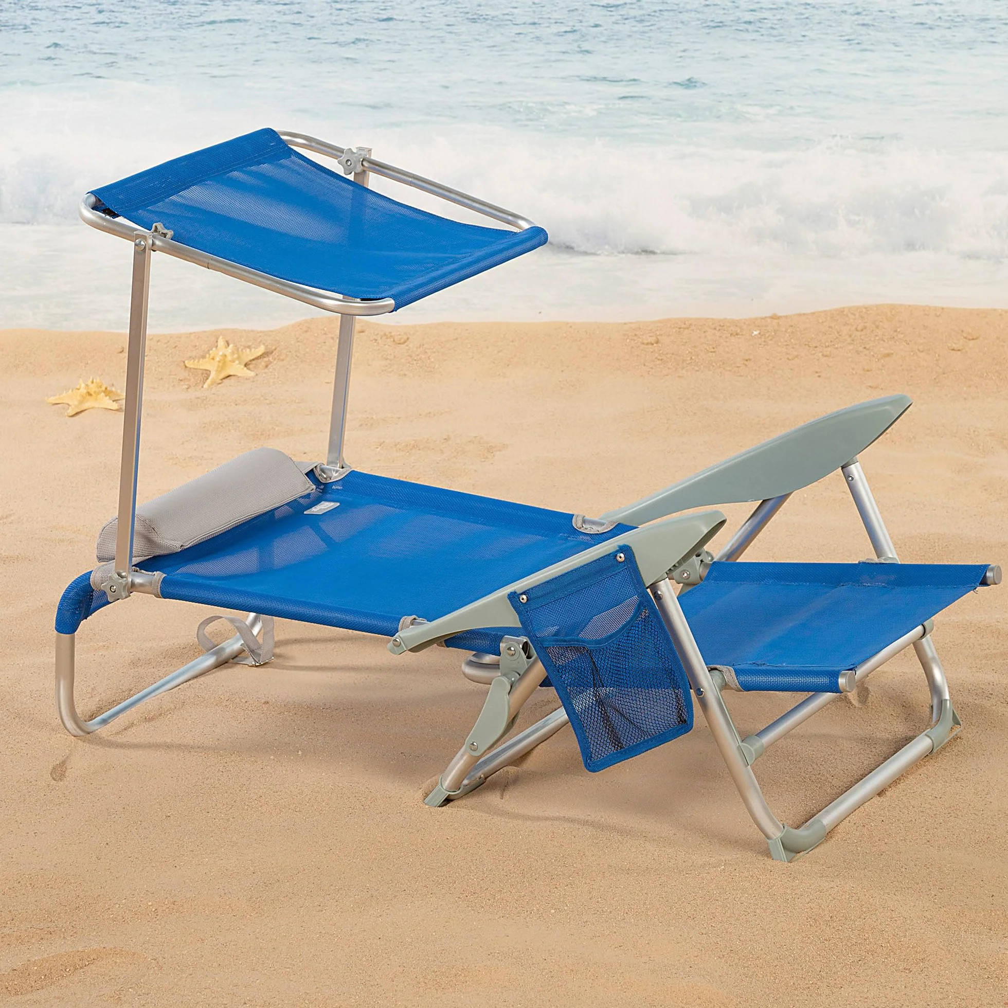 AKTIVE Set di 2 sedie da spiaggia pieghevoli con ombrellone, Antiribaltamento e reclinabili, 4 posizioni, Cuscino,