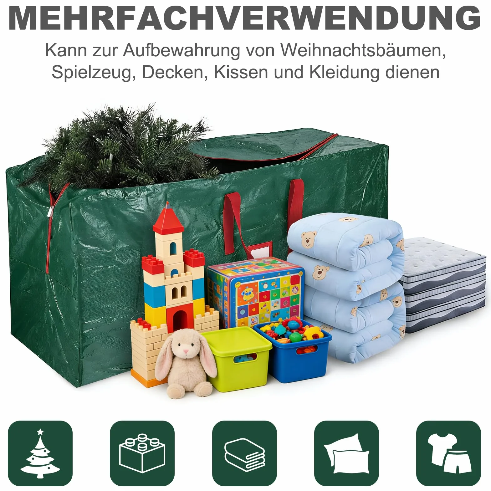 Christmas Tree Storage Bag for Artificial Trees with in 220 cm, Christmas Tree Bag with Reinforced Handles and Zip,600D Oxford Fabric, Waterproof Bag for Christmas Tree, Green