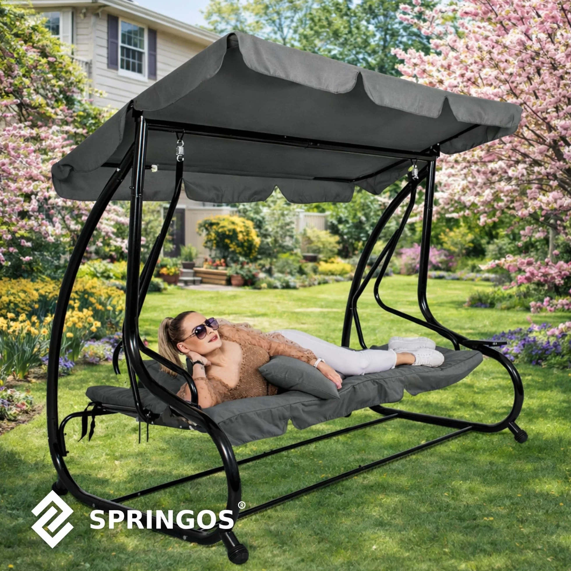 SPRINGOS - Dondolo da giardino a 4 posti, 220 x 162 cm, con 2 cuscini, cuscino per dondolo, con portabicchieri e funzione reclinabile