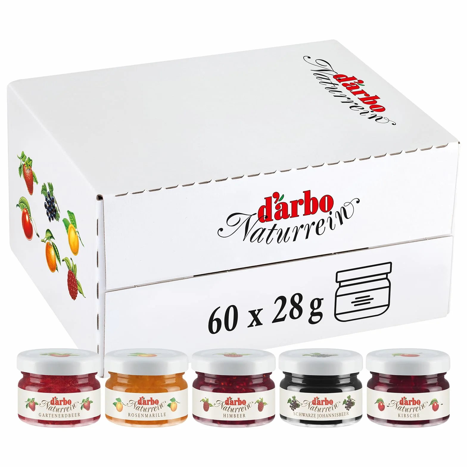 Darbo, Confetture Naturrein Assortite, Confettura in Mini Vetro, Marmellate Monodose Miste per Colazione, Albicocca, Ciliege, Lamponi, Ribes Nero, Fragole, Formato Convenienza, 60 Confetture da 28 g