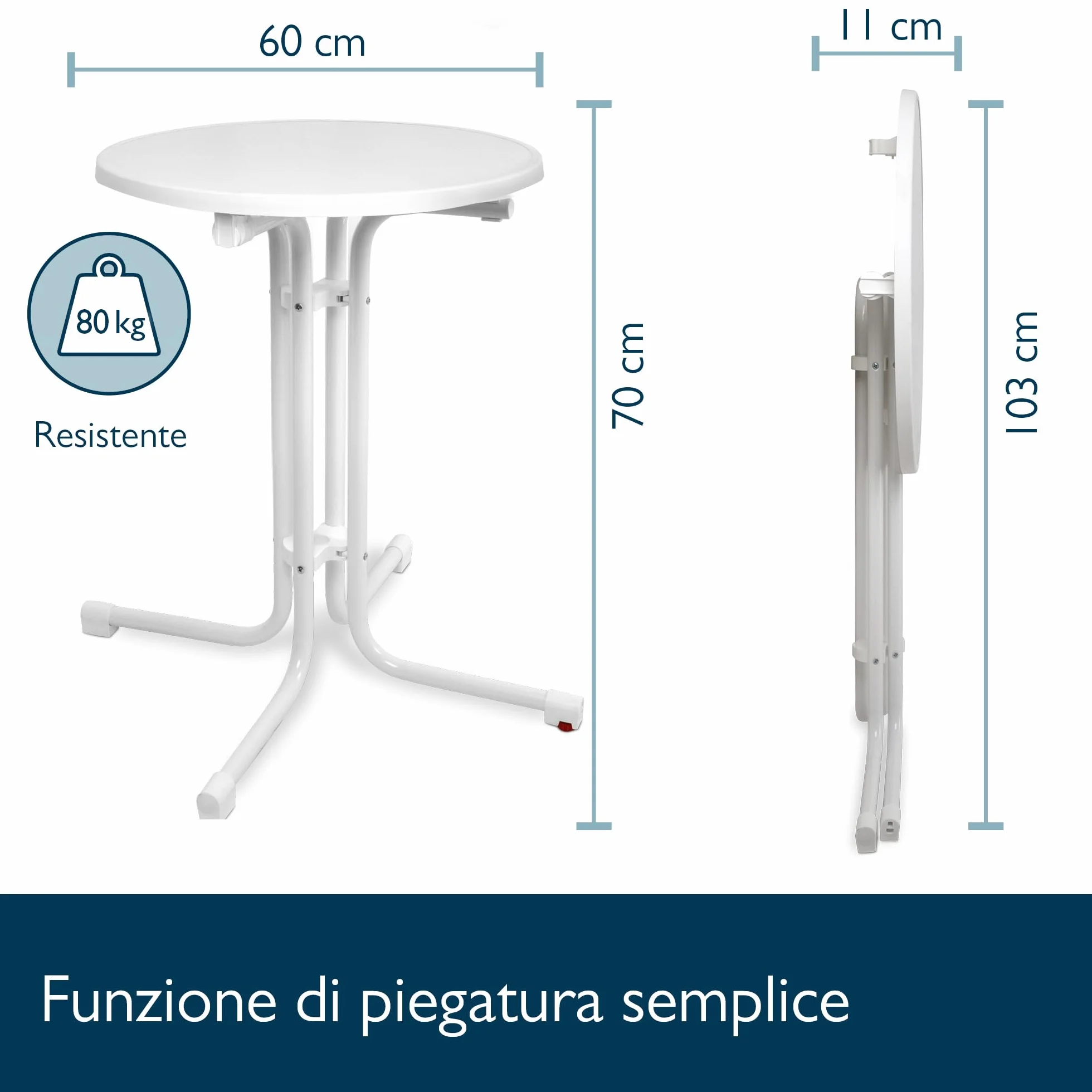 Beautissu Tavolo Bistrot da Esterno Ø 60 cm – Tavolino da Balcone Giardino Terrazza Pieghevole H 70 cm – Tavolo da Campeggio Feste Bar Ristorante – Bianca – Bistroni