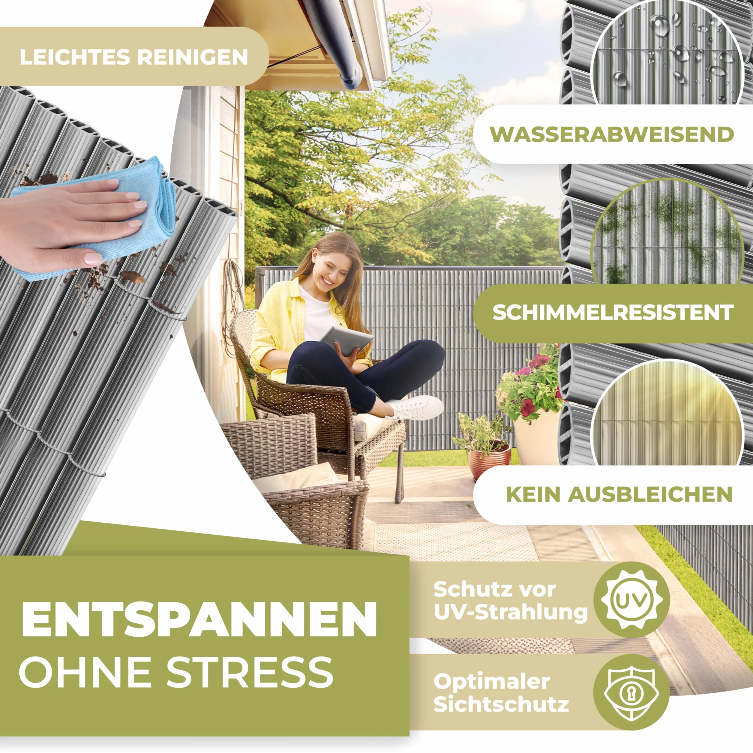 KESSER® - Recinzione frangivista in PVC per esterni, 120 x 400 cm, copertura per balcone, protezione dal vento, lamelle rinforzate per balcone e terrazza, con fascette, copertura e guanti, colore
