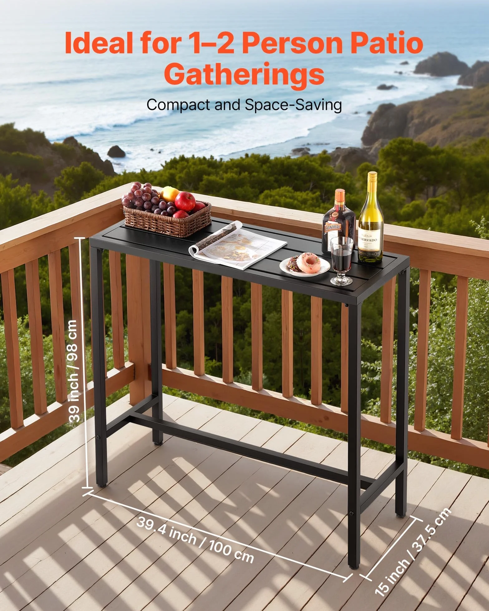 VEVOR Tavolo Alto da Bar per Esterni 100 x 37,5 cm, Tavolino da Pranzo Rettangolare Piano Impermeabile, Struttura in Metallo, Tavolo da Giardino Cortile, Terrazza, Bordo Piscina, Soggiorno