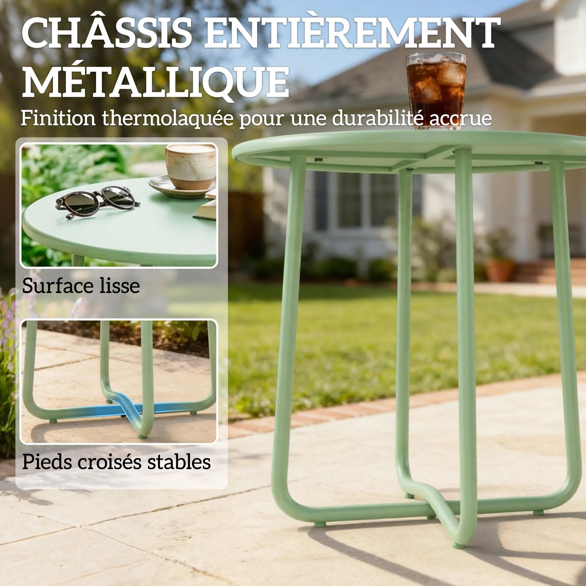Outsunny Tavolino da esterno con bordo arrotolato, tavolo da giardino rotondo con base a X con gambe regolabili in altezza, per interni soggiorno, terrazza, balcone, metallo, Ø 48 x 51 cm, verde