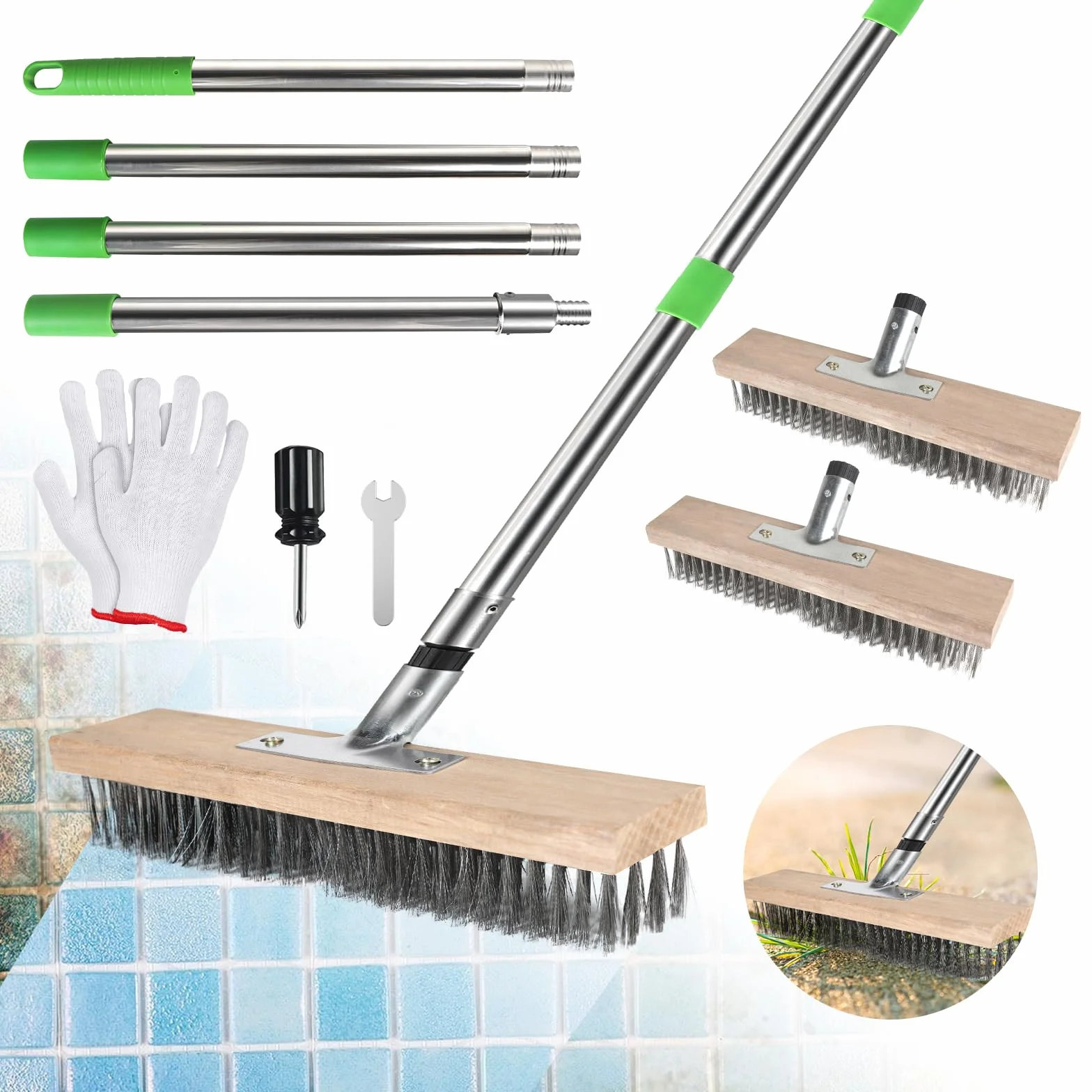 2 Pezzi Scopa metallica per giardino 30cm Scopa filo metallico con 1 set manico 1,6m acciaio giardino Spazzola per erbacce esterno per rimuovere erbacce, muschio e macchie ostinate