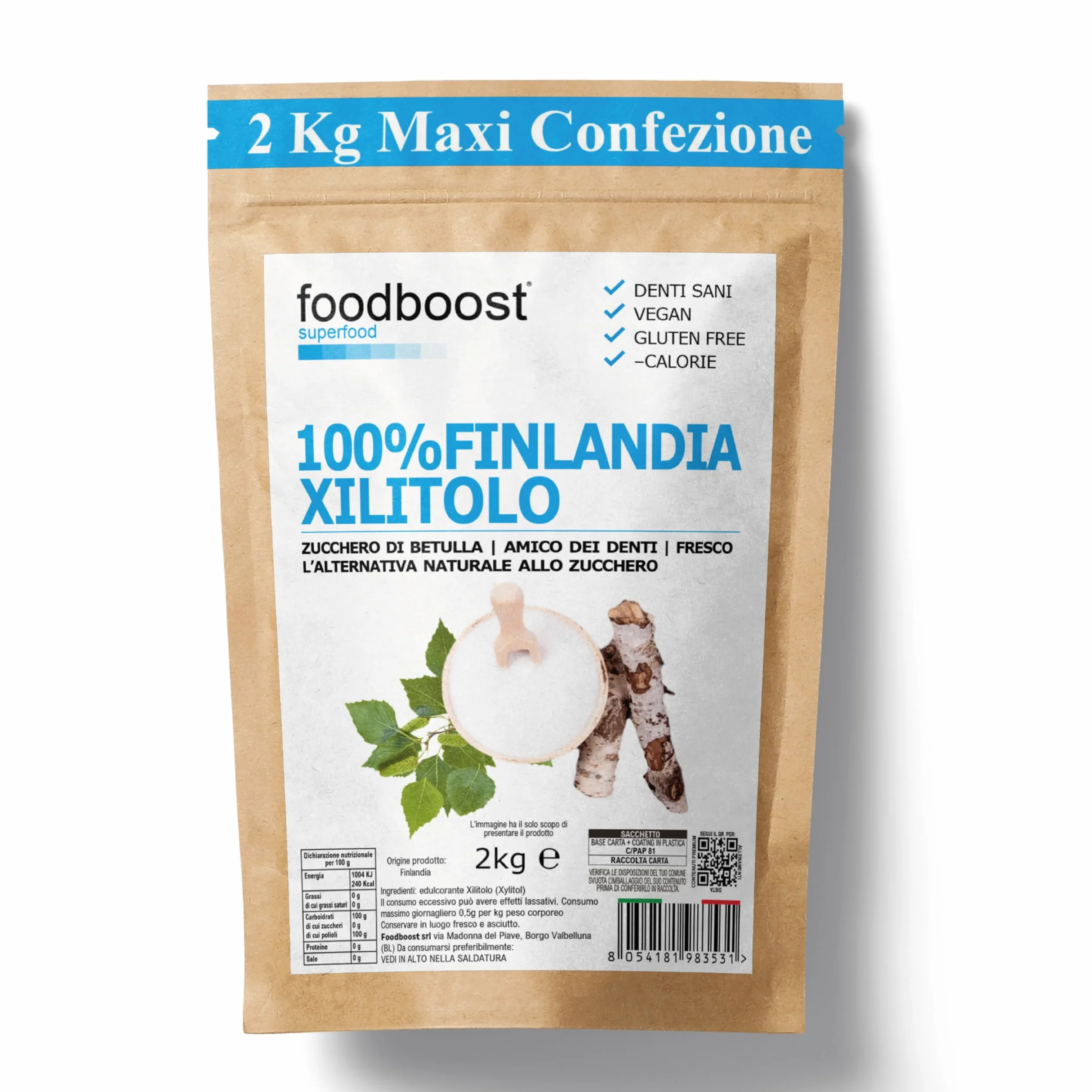 Xilitolo Finlandese 2Kg foodboost - 100% Naturale estratto da Betulla - stesso potere dolcificante dello zucchero - adatto diete ipocaloriche o bilanciate - contro la carie - 100% Europeo