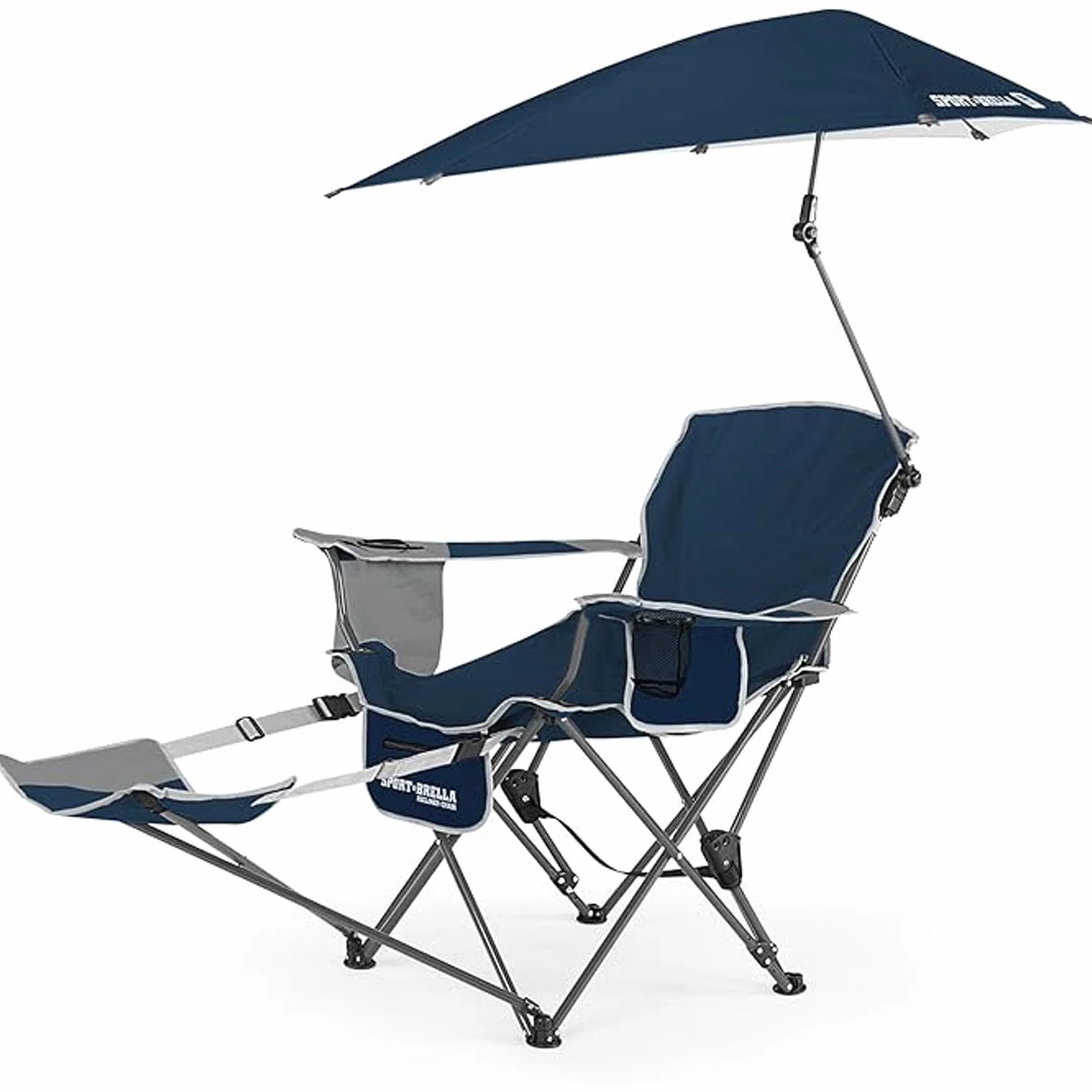 Sport-Brella Sedia Recliner, 3 Posizioni Regolabili, Ombrello Girevole Inclusa, Cooler, Apribottiglie e Portabicchieri, Ideale per Spiaggia, Eventi Sportivi e Campeggio, 60cm x 100cm, Blu