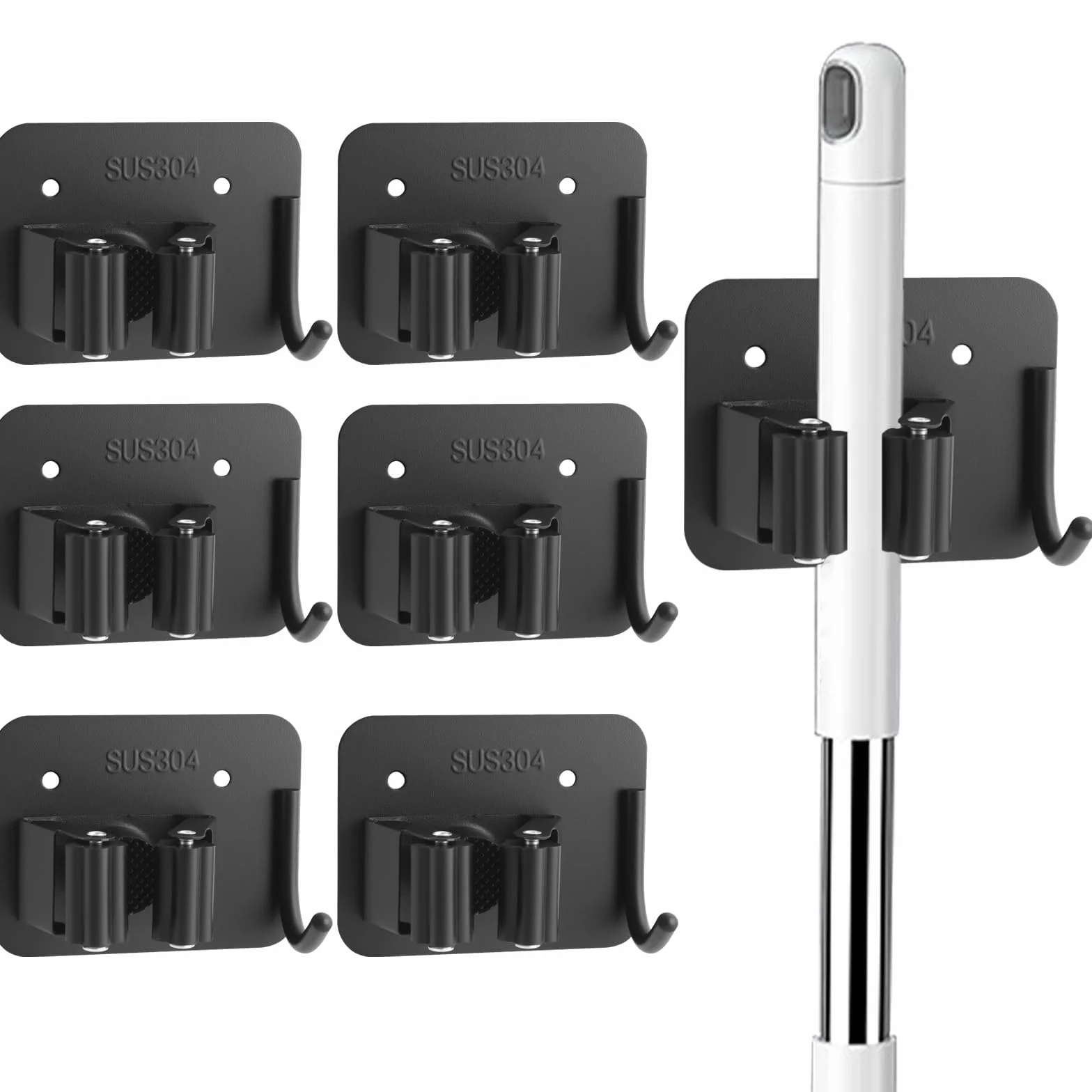 Porta Scope da Muro, 6 Pezzi Ganci Adesivi per Scope da Parete, Portascope da Muro in Acciaio Inox per Mop, Scopes, Palette, Attrezzi da Giardino, per Garage, Cucina, Balcone, Giardino, Nero