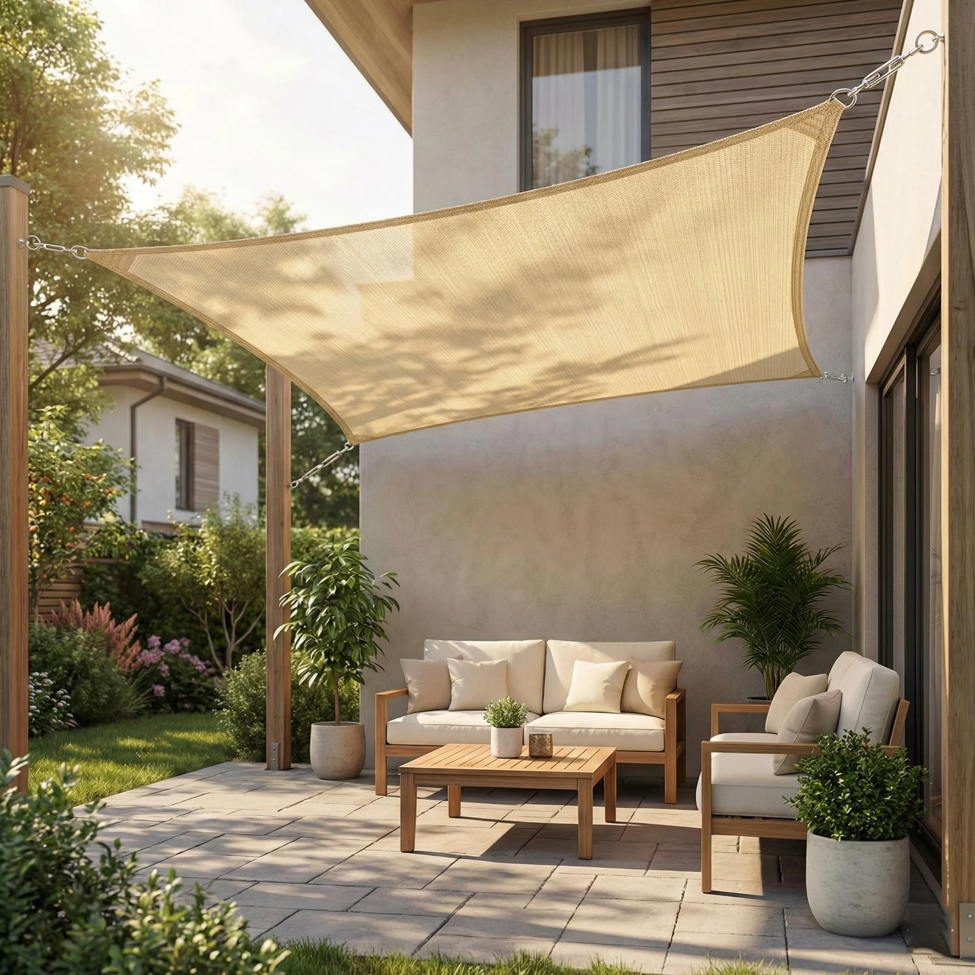 Brigros - Tenda Ombreggiante Esterno Quadrata In HDPE 180gr/m2 Con Anelli Inox, Anti-UV, Con Borsa, Telo Parasole Per Esterni Dimensioni 3x3, 4x4, 5x5, Vela Ombra Giardino (Beige, 5x5)