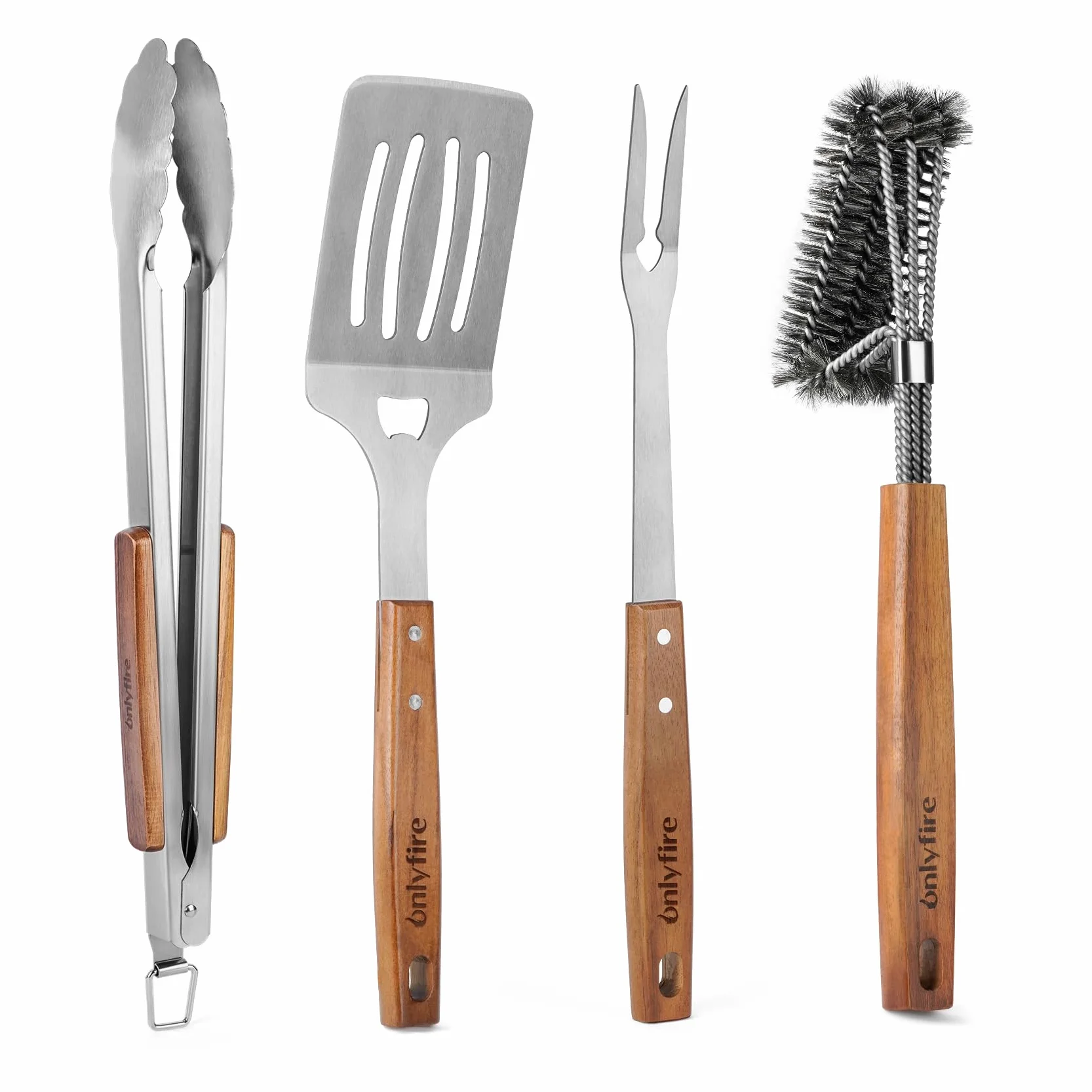 onlyfire Set di Attrezzi per Il Barbecue da 4 Pezzi, Spatola per Piastra Forata, Pinze da Cucina, Forchetta per Grill e Spazzola per Barbecue, Utensili Professionali per Grigliate e Cucina All'aperto