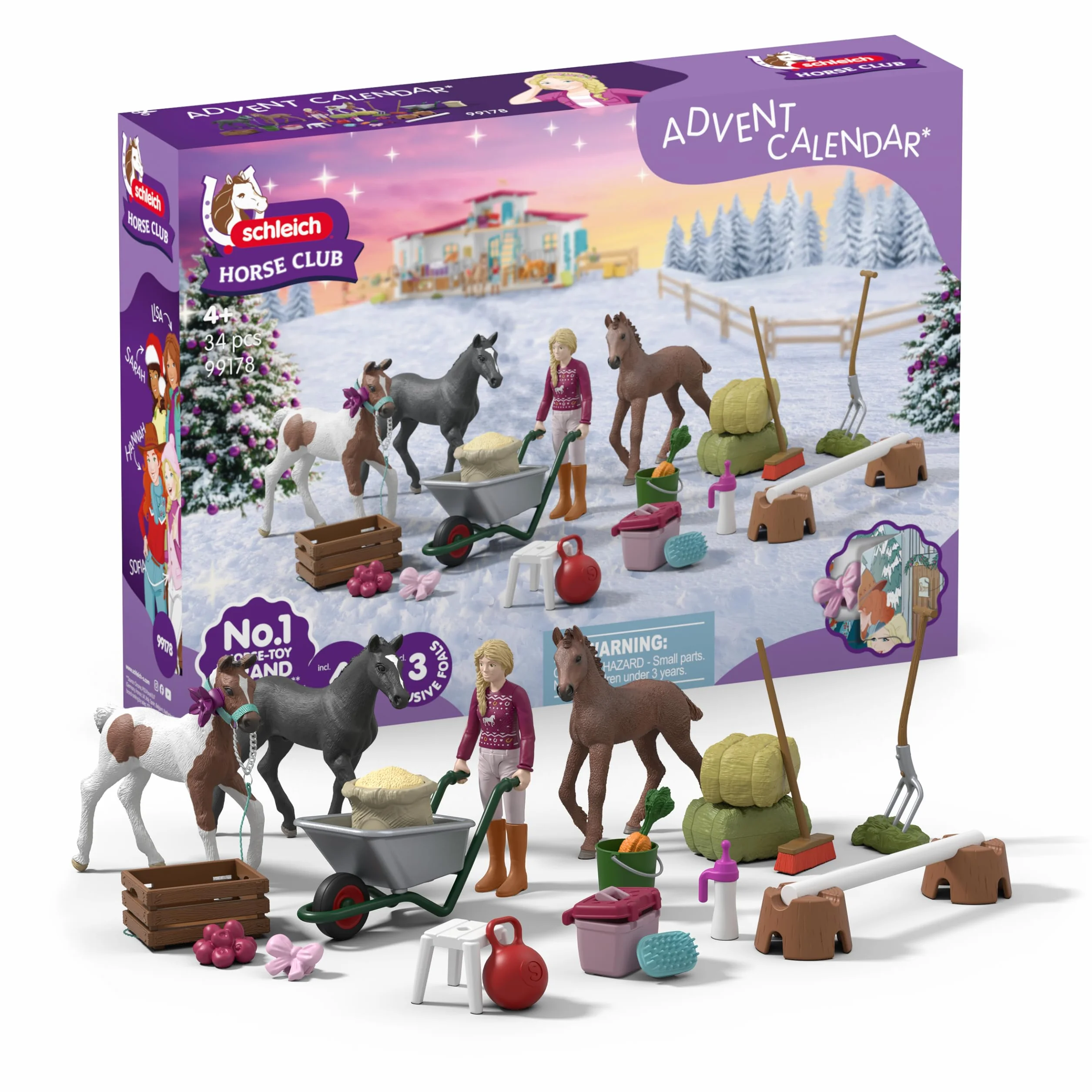 schleich HORSE CLUB | Calendario dell’Avvento HORSE CLUB 2025 – Meraviglia di Natale Allevamento di Puledri 99178 | figura snodata Sofia, 3 puledri esclusivi & accessori | regalo dai 5 anni | 34 pezzi
