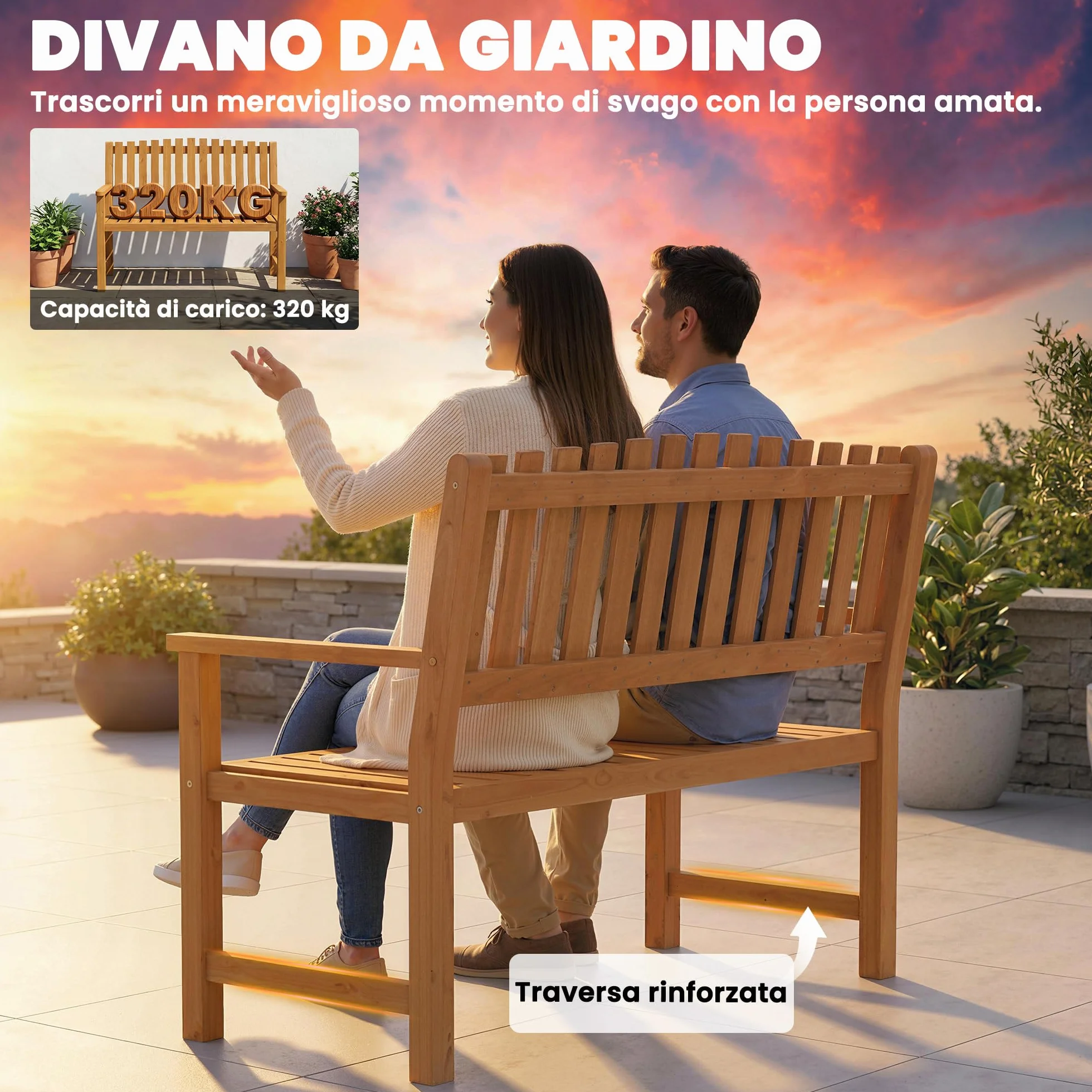 Outsunny Panchina da Esterno 2 Posti in Legno di Acacia FSC, Panchina da Giardino con Braccioli, Seduta e Schienale a Doghe, Max 320 kg, Panca da Esterno per Parco Terrazza, 112x64x92cm, Color Legno