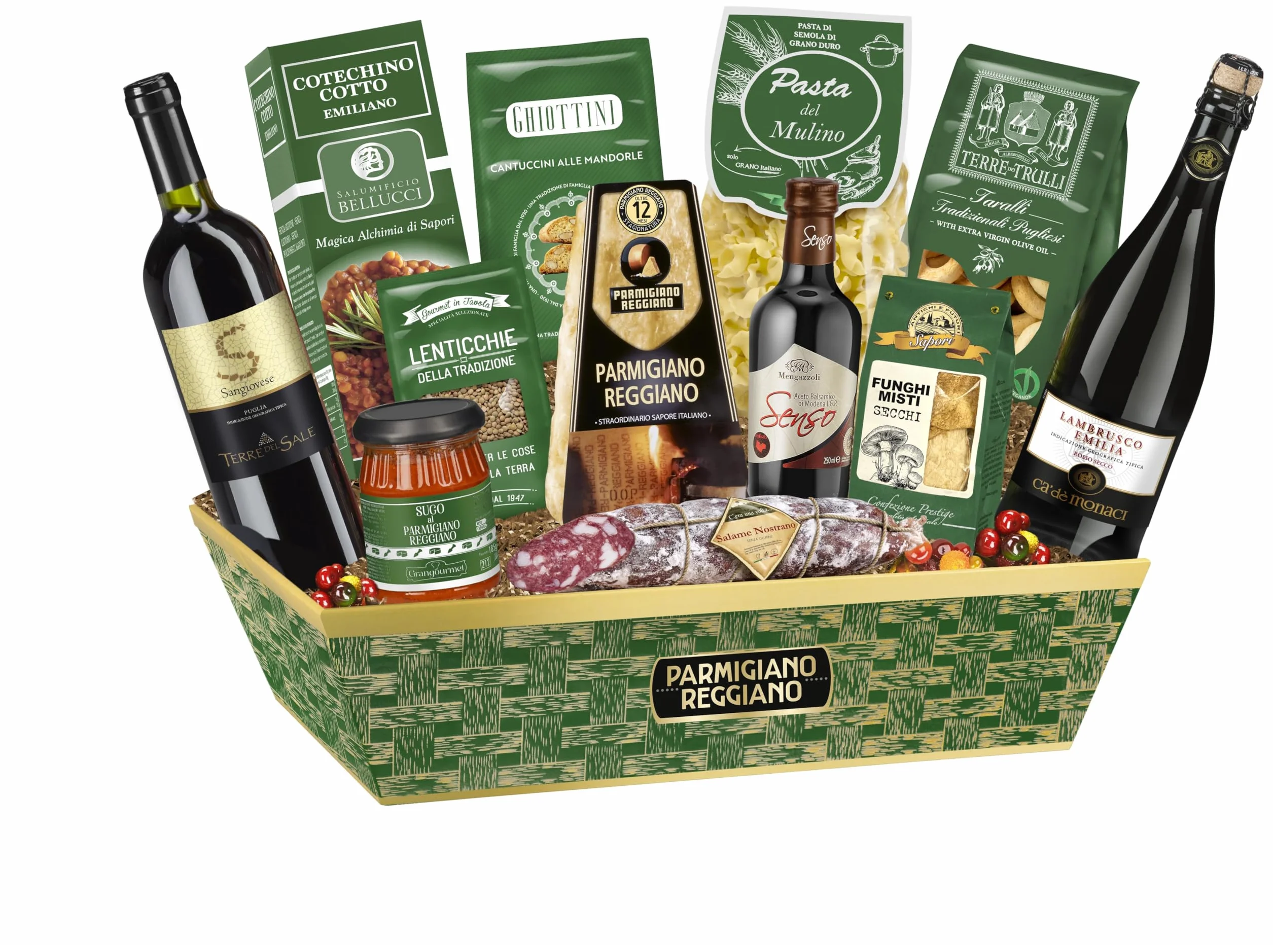 Cesto Natalizio Gaia da 13 Pezzi, Specialità Gastronomiche: Parmigiano, Cotechino, Vino Sangiovese, e Delizie Tipiche per Natale