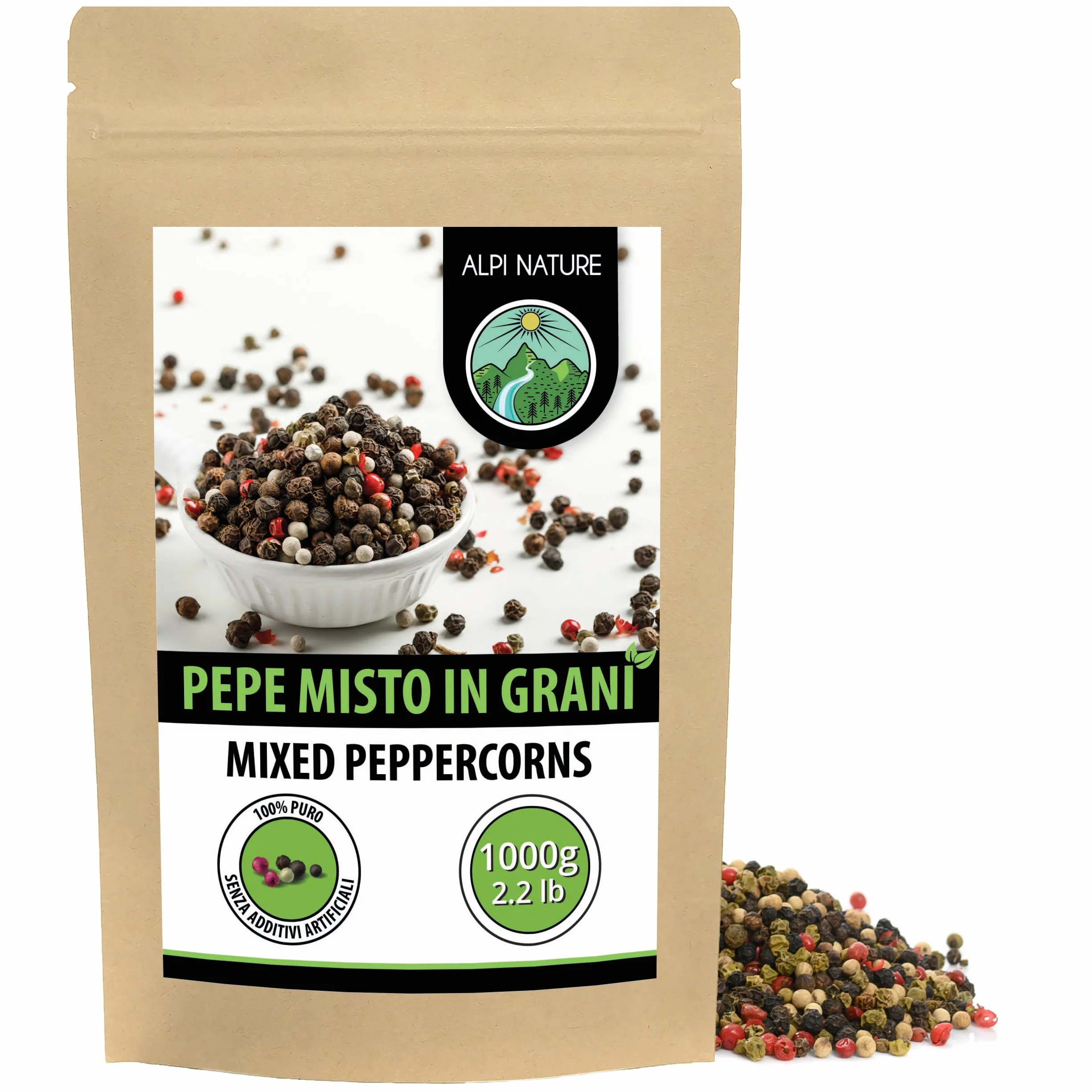 Alpi Nature Pepe Misto 1kg, Grani di Pepe Interi Neri, Bianchi, Rosa e Verdi per Cucina