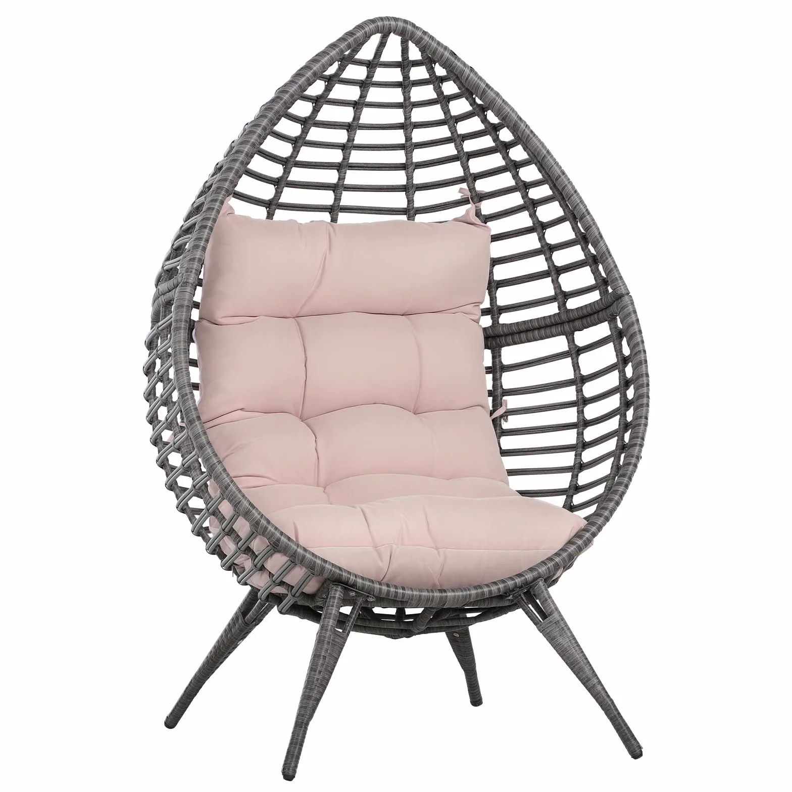 Outsunny Poltrona da Esterno in Rattan con Cuscino Grigio e Beige Forma a Goccia Stile Boho Chic 101x89x156cm