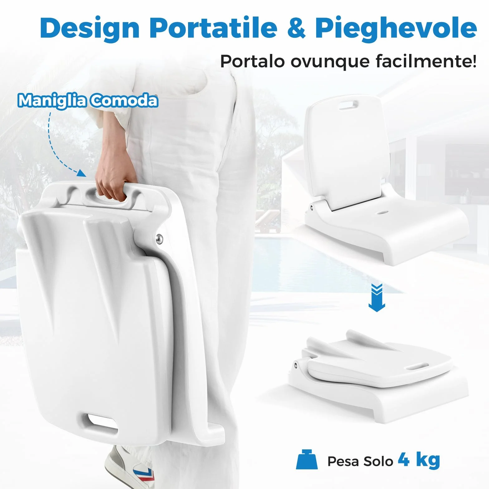 RELAX4LIFE Sedia da Piscina per Bordo Piscina, Sedia Pieghevole per Adulti con Schienale e Manici, Sedile Portatile per Picnic, Campeggio e Pesca in Spiaggia, Portata 100 kg (Bianco)