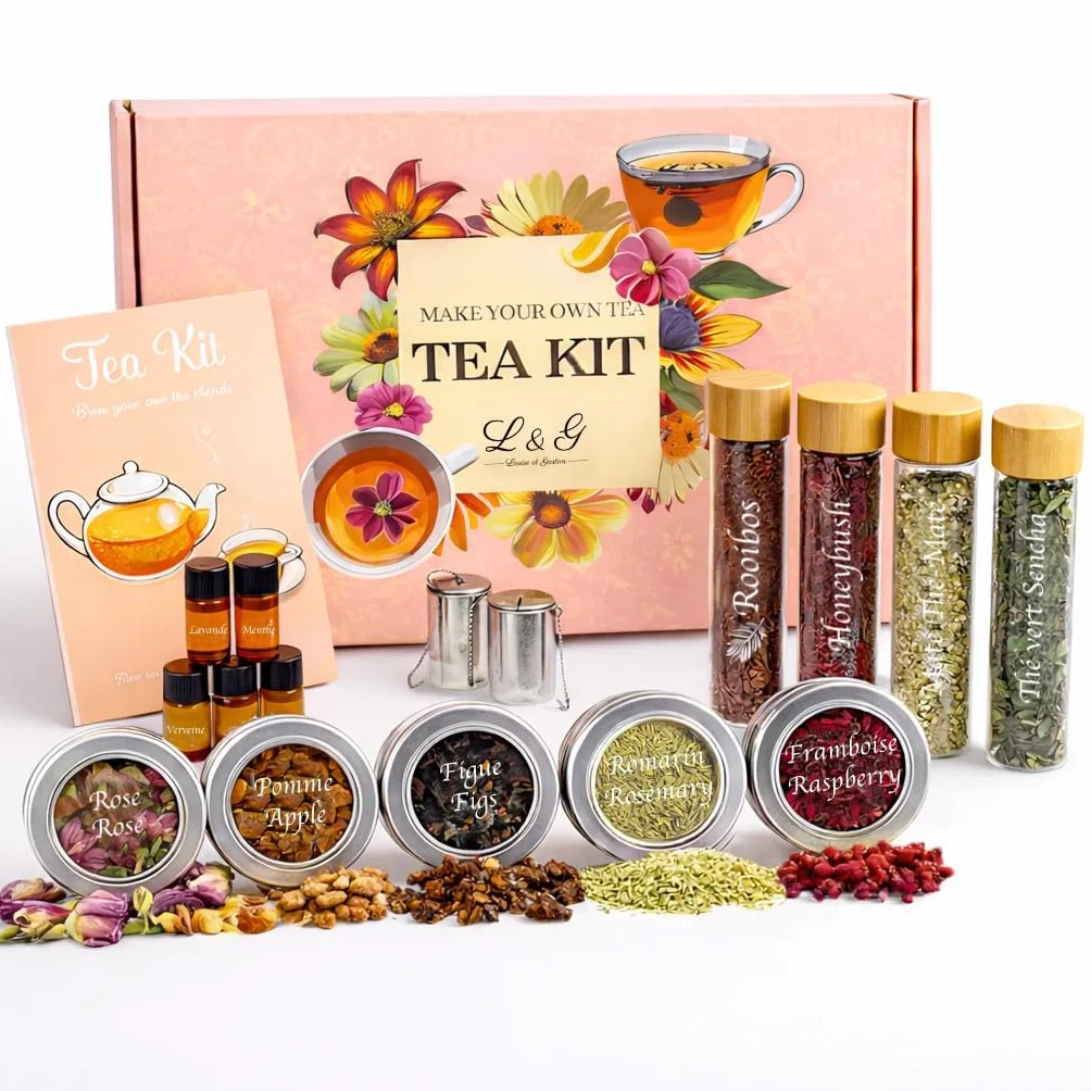 L&G® - Set tè per la preparazione e degustazione - Honeybush, Rooibos, Sancha Green, Maté - Infusori inclusi - Regalo DIY Natale, compleanno - Made in France - Ingredienti e accessori di qualità