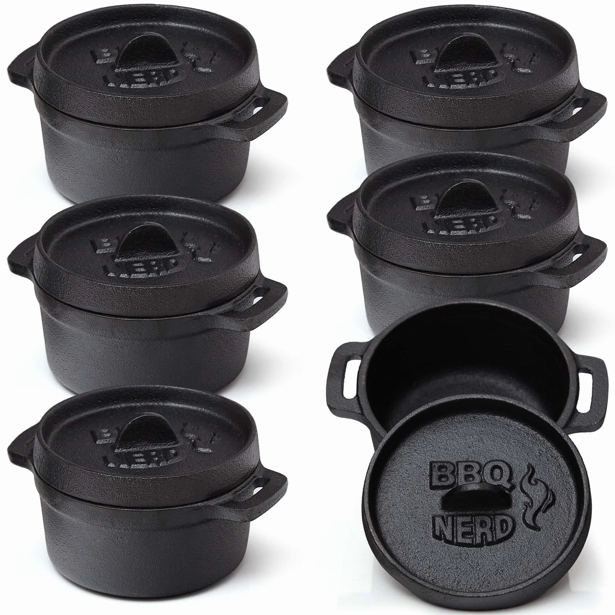 BBQ-Nerd© - Set di 6 mini pentole olandesi | piccole pentole in ghisa con coperchio 11 x 5 cm per barbecue, braciere, forno, fornelli, pentole da portata, pentola per pane, cocotte pentola ignifuga