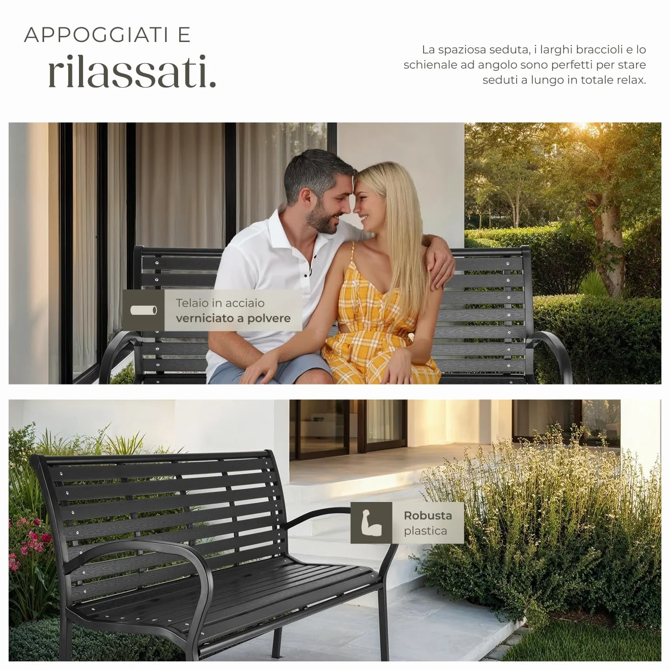 tectake® Panca da Giardino, Panchina da Esterno 3 Posti, Intelaiatura in Acciaio Verniciato, Panca con Schienale, Resistente agli Agenti Atmosferici, 126 x 62 x 81,5cm - Nero