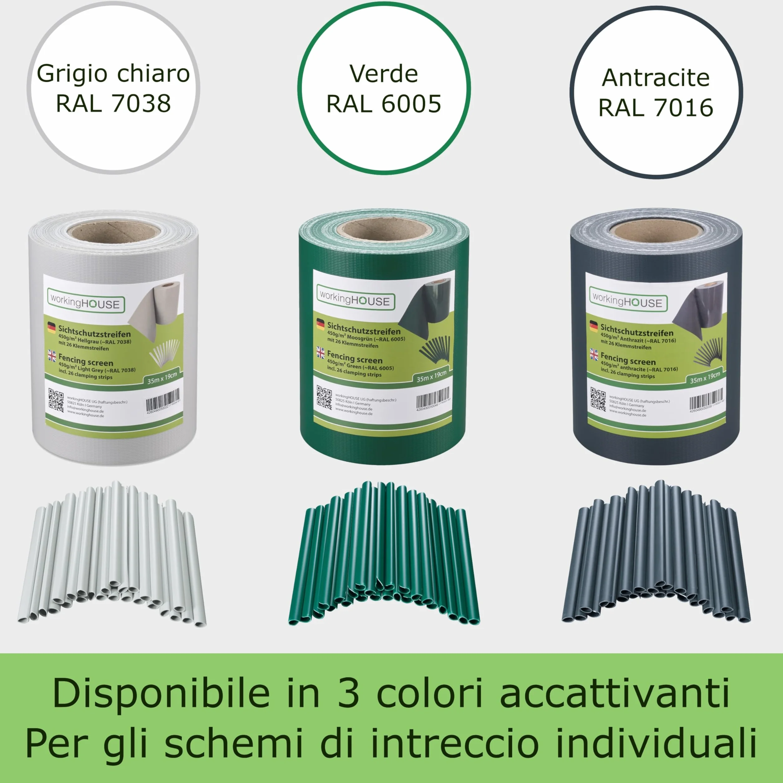 Workinghouse Schermo privacy in PVC per recinzione a doppio picchetto - schermo privacy da giardino con clip - 450g/m² - 35m x 19cm, schermo privacy per recinzione, pellicola per recinzione