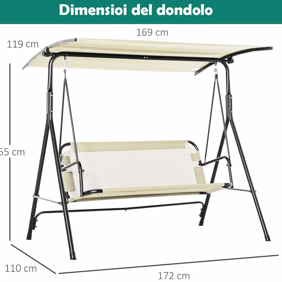 BAKAJI Dondolo Letto da Giardino 3 Posti con Tetto Parasole Regolabile, Struttura in Metallo e Seduta in Tessuto Traspirante con Imbottitura Ergonomica e Morbida, Ideale per Esterni, Patio (Beige)