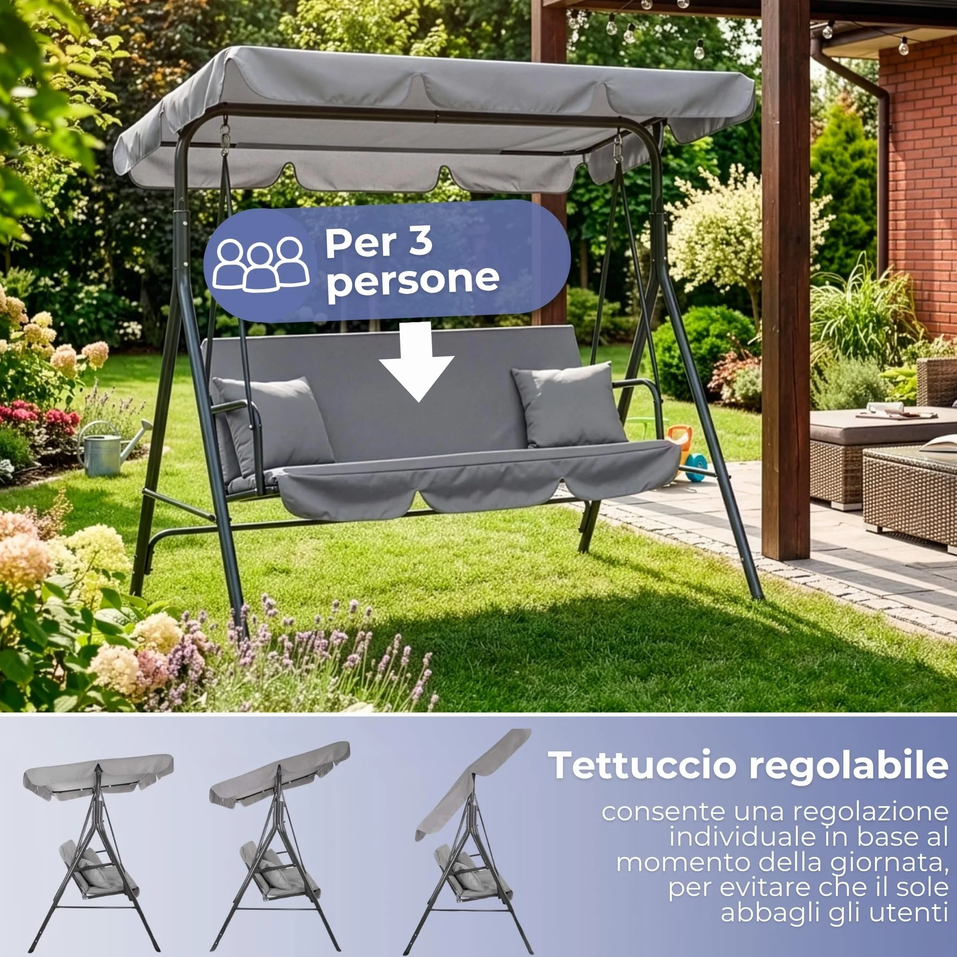 Springos Dondolo da giardino Luna, con parasole e cuscini, panca a dondolo, per 3 persone, da 150 x 170 x 110 cm (H x l x P), di colore grigio