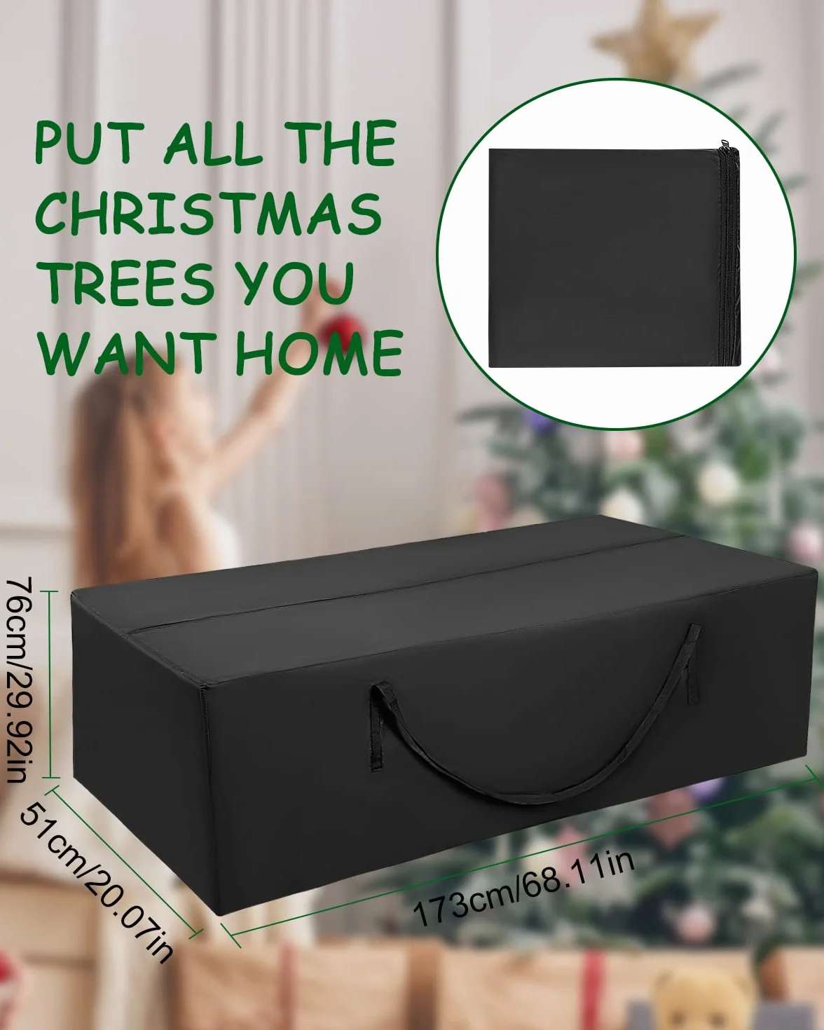 Custodia protettiva per cuscino da giardino, Oxford con maniglia, impermeabile, resistente ai raggi UV, resistente agli strappi, per albero di Natale, colore nero (173 x 76 x 51 cm)