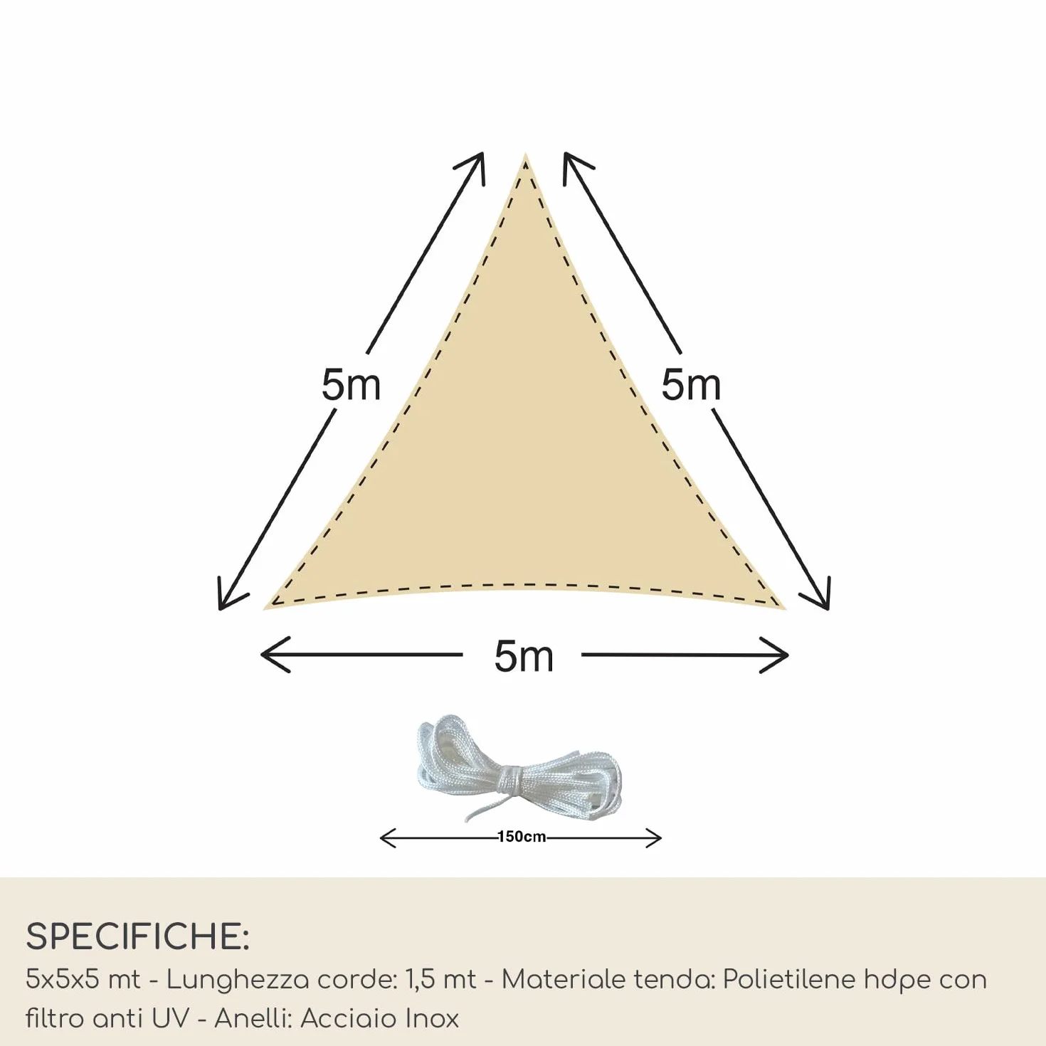 Rebecca Mobili Vela Parasole Telo Ombreggiante Triangolare Beige Polietilene Protezione Raggi Solari Giardino Campeggio 5x5x5 mt (Cod. RE6341)
