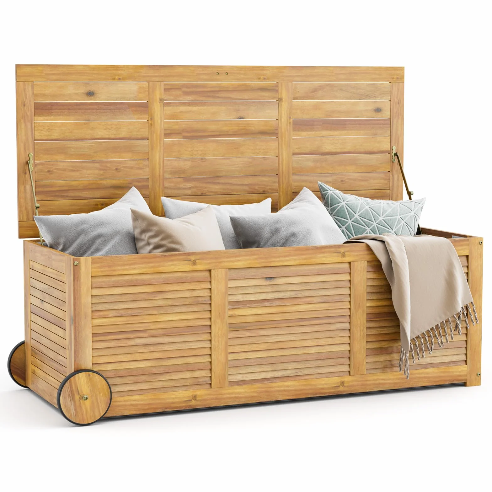 KOMFOTTEU Baule da Giardino 182 L con Ruote e Maniglie, Contenitore da Esterno con Borsa Interna Resistente all'Acqua, Cassapanca Contenitore da Interno in Legno di Acacia, 127 x 50 x 45 cm