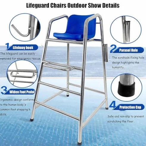 Sedia da osservazione per bagnini, sedia da spiaggia e piscina in acciaio inox con foro di fissaggio per ombrello,