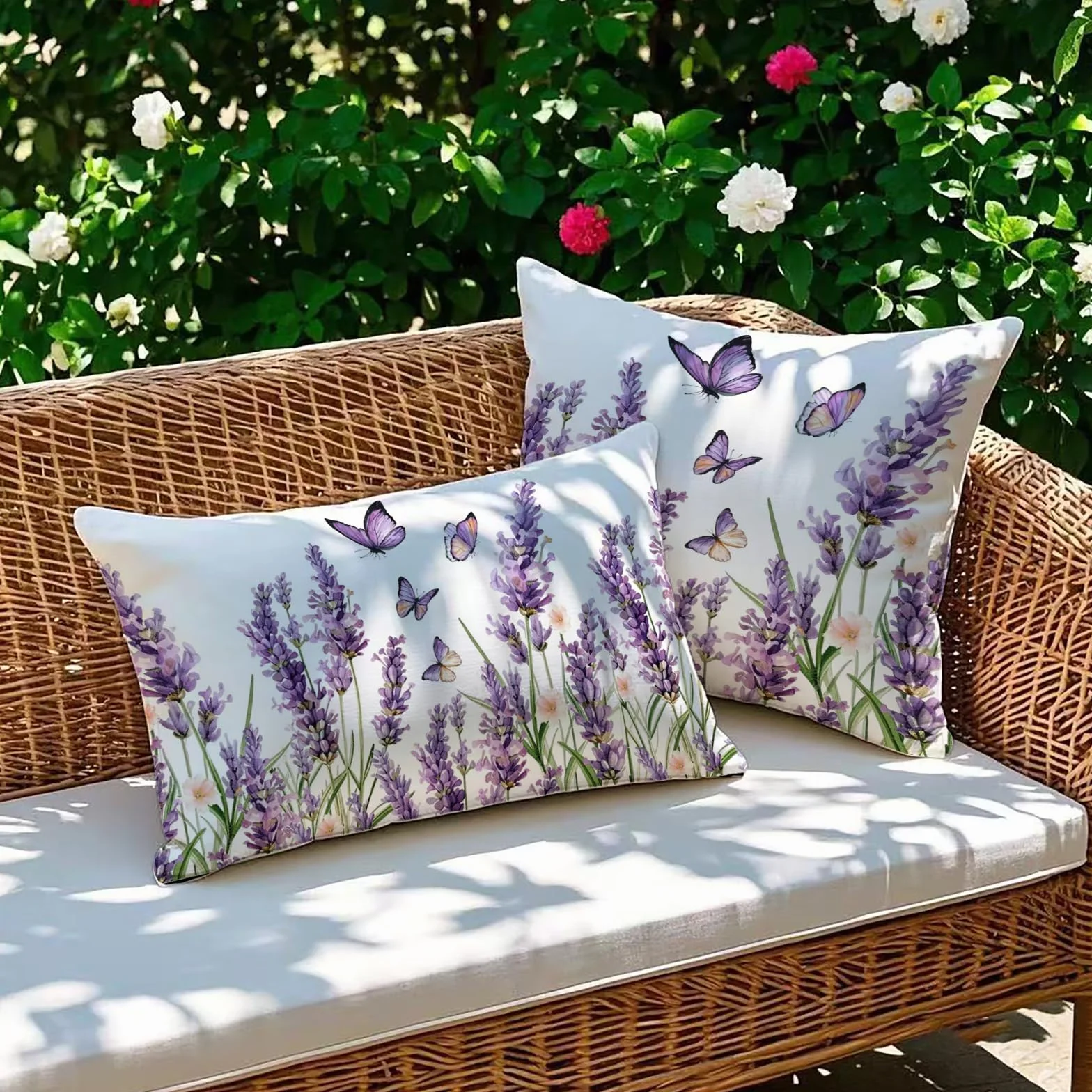 Set di 2 federe per cuscino per esterni, 30 x 50 cm, con fiori viola, resistenti alle intemperie, estive, moderne, per giardino, divano, soggiorno, camera da letto, motivo double face